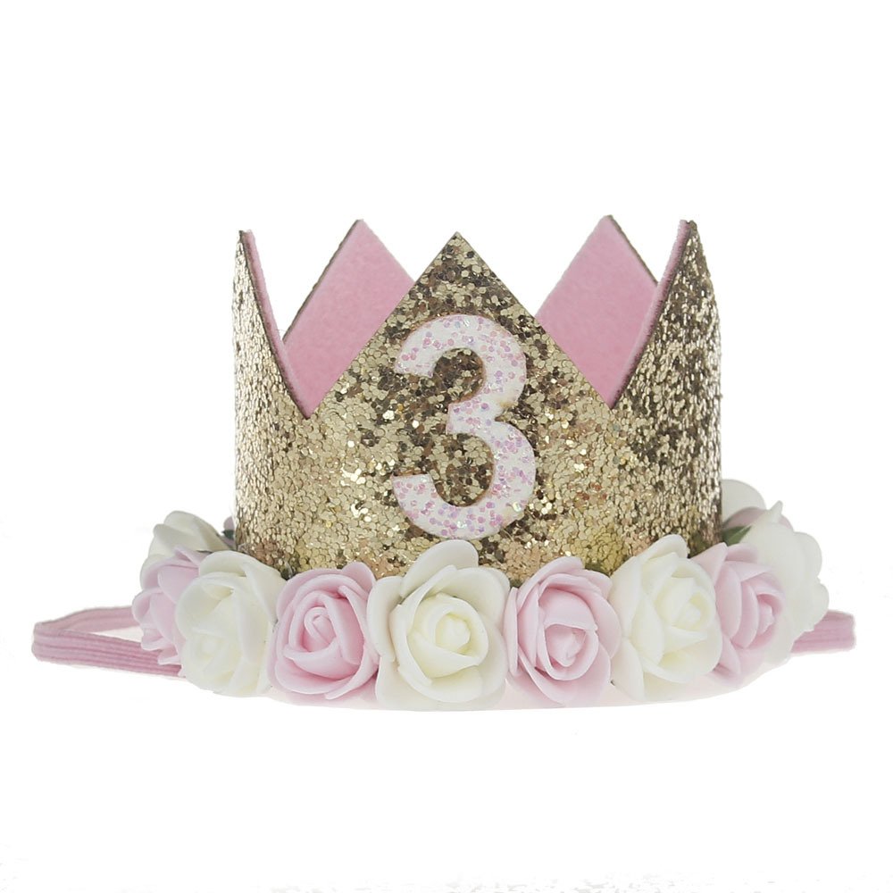 Tvoip Baby Princess Tiara Crown Set - Sparkling Gold Flower Headband with Artificial Roses for Girls' First Birthday Party, Photo Shoot & Dress Up (3-Pack Golden Crowns) - Perfect for Birthday Celebrations, Pageants & Princess-Themed Events