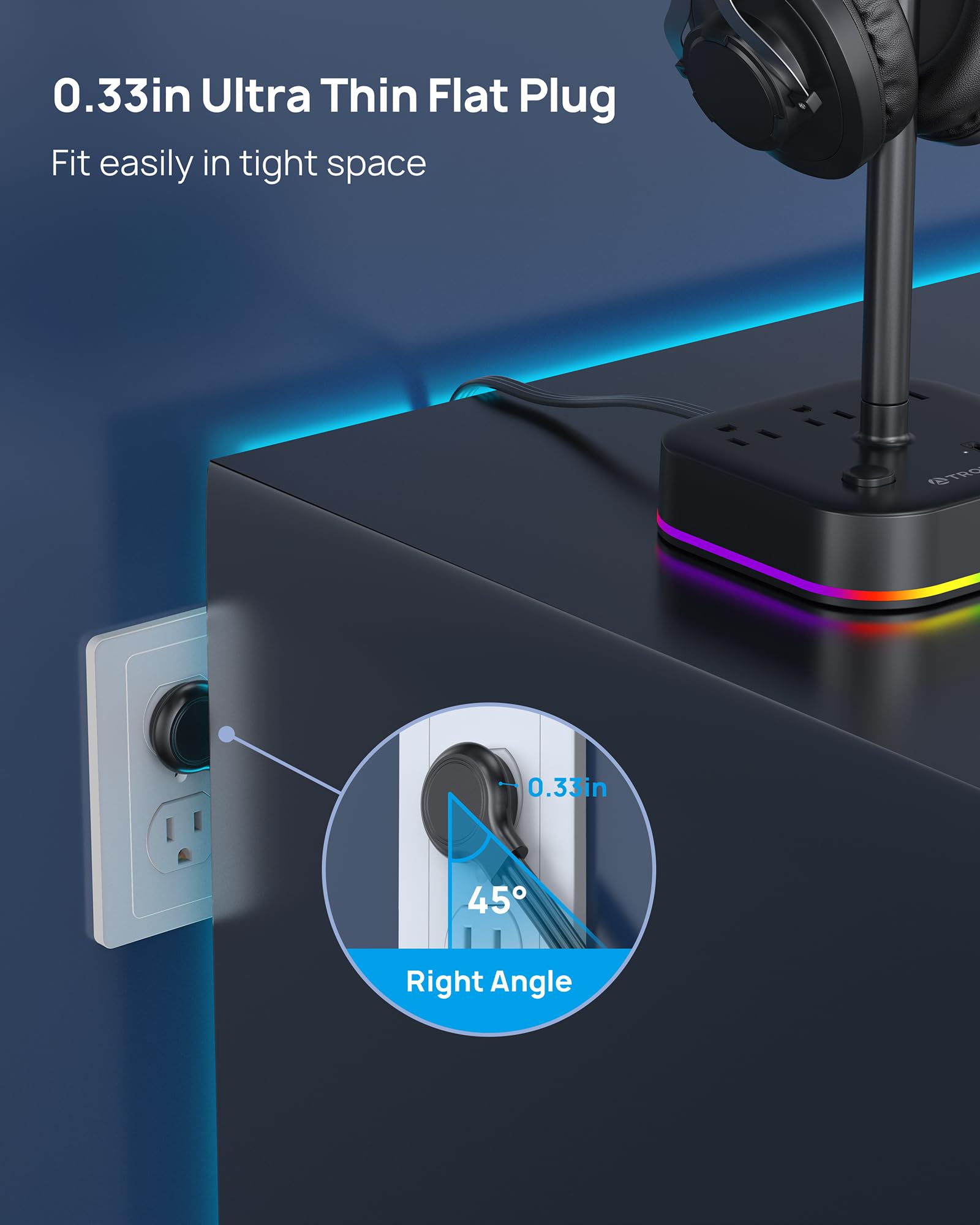 TROND RGB Gaming Headphone Stand with USB C & AC Outlets - 5 Light Modes, 3 Power Outlets, 2 USB A & 1 USB C Ports - Perfect Gaming Desk Accessory & Gamer Gift for PC, PS5, Xbox Setup - Ideal for Streaming, Esports & Home Office Workspace