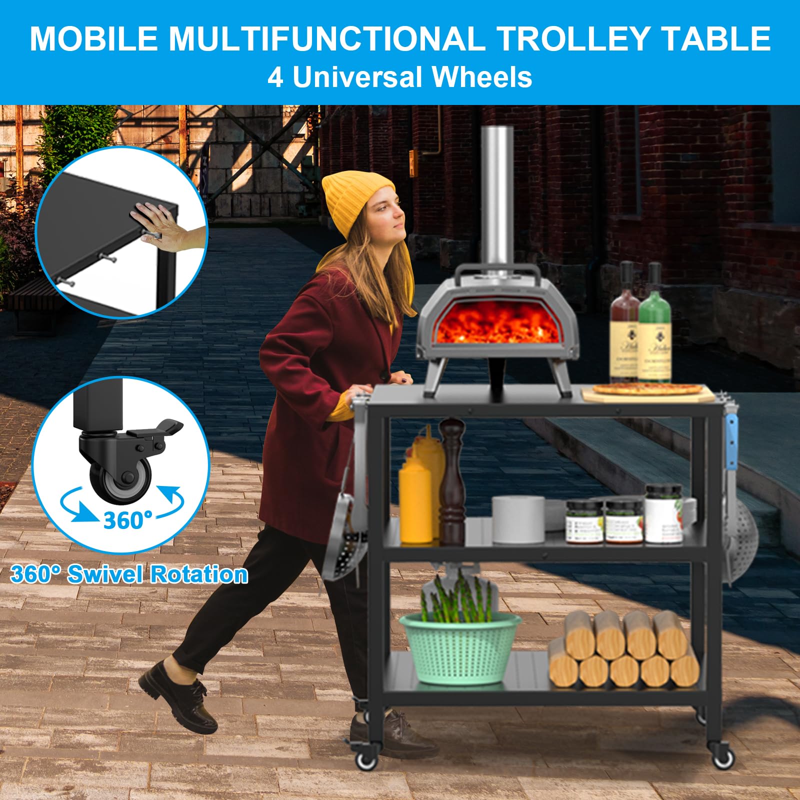 **Portable Outdoor Grill Cart with Pizza Oven & 3-Shelf Storage – Heavy-Duty Rolling BBQ Prep Table with Wheels & Waterproof Cover – Perfect for Backyard Cooking, Camping & Outdoor Dining**