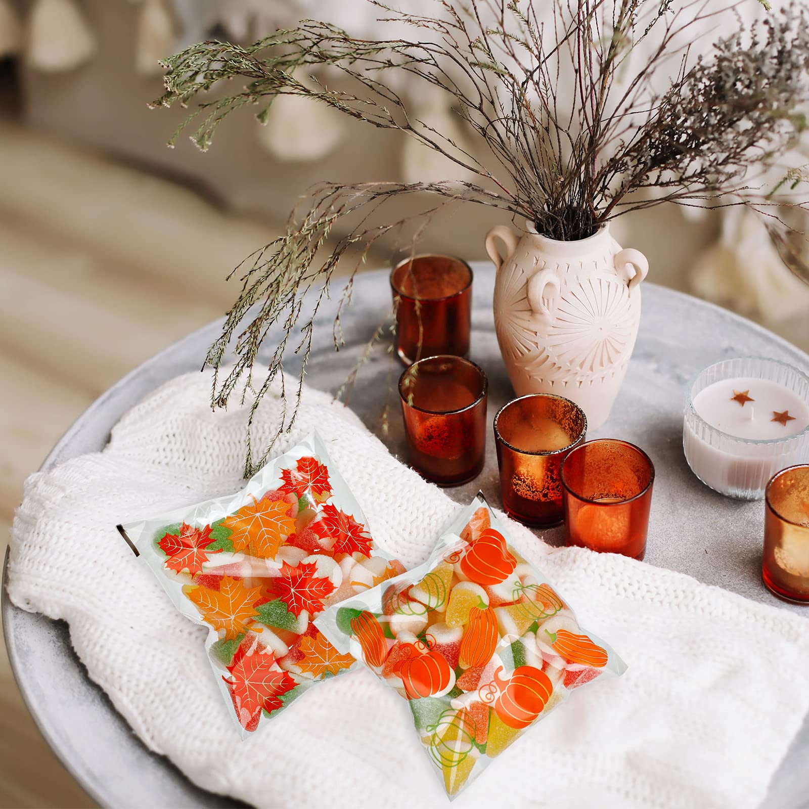 200-Piece Thanksgiving Fall Cellophane Bags - Pumpkin & Maple Leaf Print Treat Bags for Candy, Party Favors, Groceries | Autumn Party Supplies for Halloween, Harvest Festivals & Seasonal Decorations
