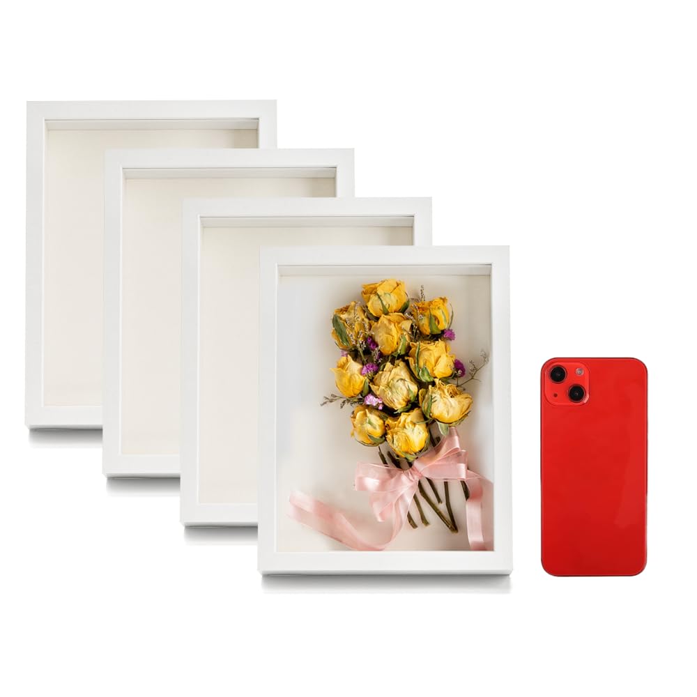 Hacaroa 4 Pack 8x6 Inch White Shadow Box Frame - Wooden Display Case for Photos, Bouquets, Medals, Awards - Perfect for Wall Decor, Tabletop Display, Wedding Keepsakes & Memorabilia Showcase