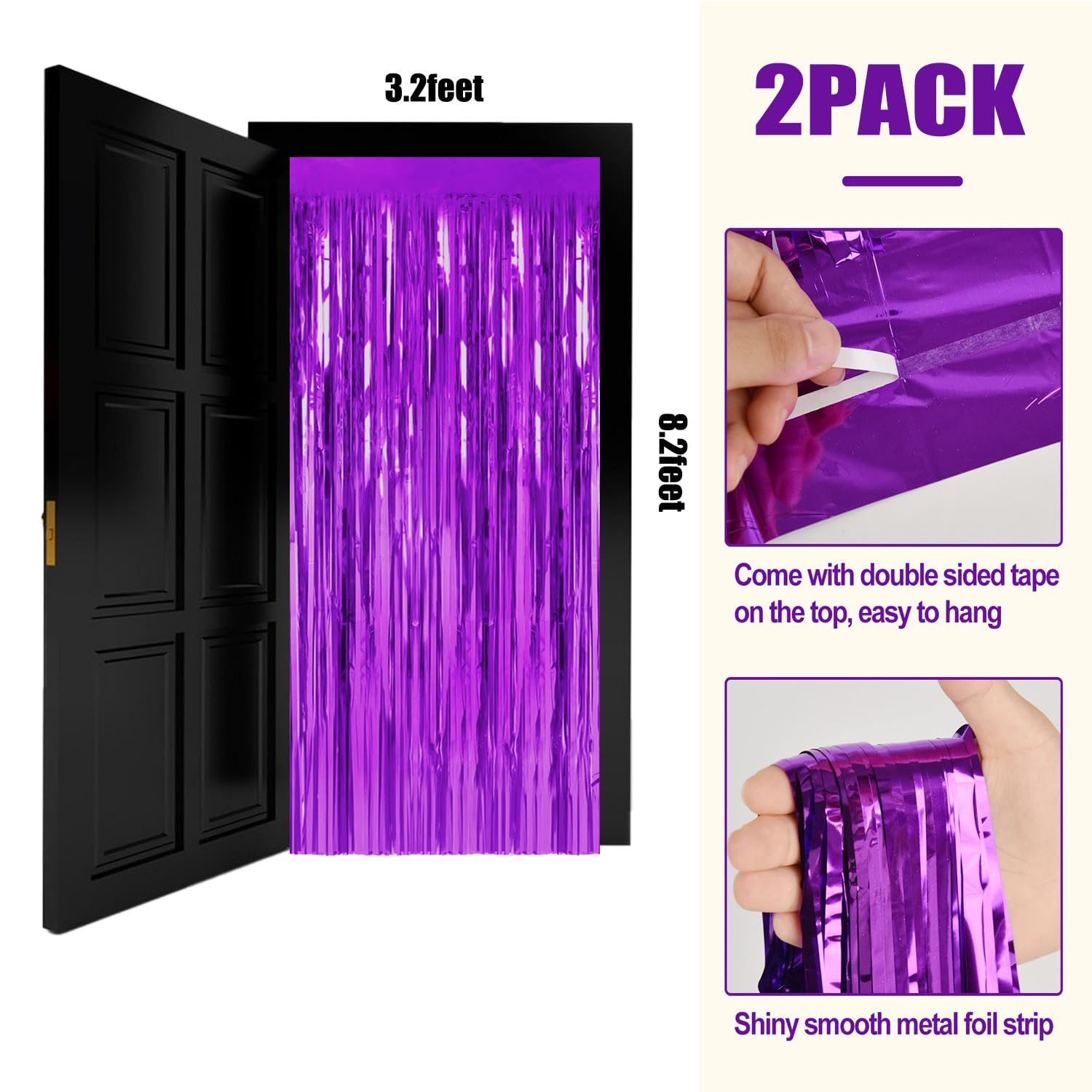 2 Pack 3.2ft x 8.2ft Purple Foil Fringe Curtains - Party Photo Backdrop, Birthday Graduation Decorations, New Year Wedding Streamers for Wall Decor & Event Photography Background
