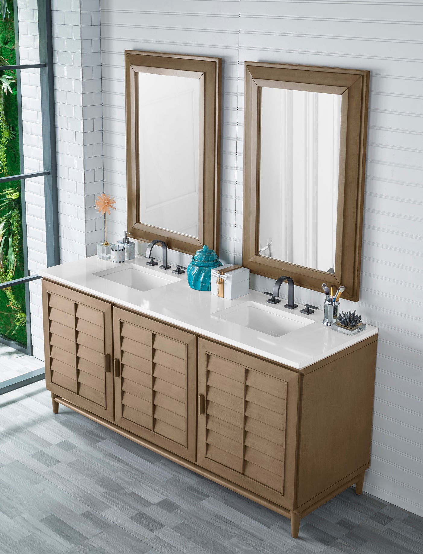 Portland 72 Inch Double Vanity with Whitewashed Walnut & 3cm White Zeus Quartz Top - Modern Bathroom Sink Cabinet for Master Bath or Guest Bathroom