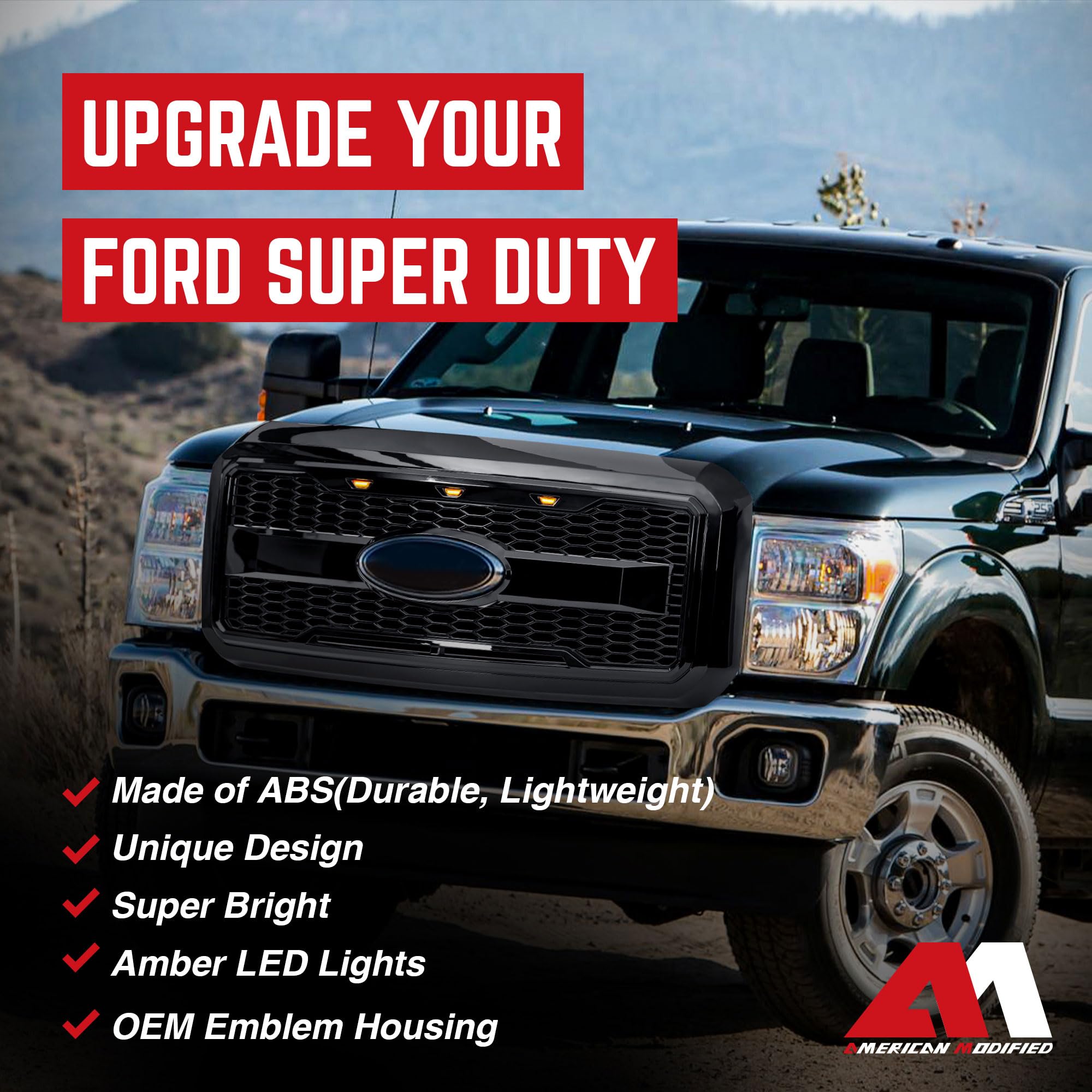 **2011-2016 Ford F250 F350 F450 F550 Raptor Style Front Grille with Amber LED Lights & Emblem Base - Glossy Black | Off-Road & Truck Customization Upgrade**    *(Use Case: Enhance your Ford Super Duty truck's aggressive look and visibility with this durable Raptor-style grille, perfect for off-roading, truck shows, or daily driving.)*