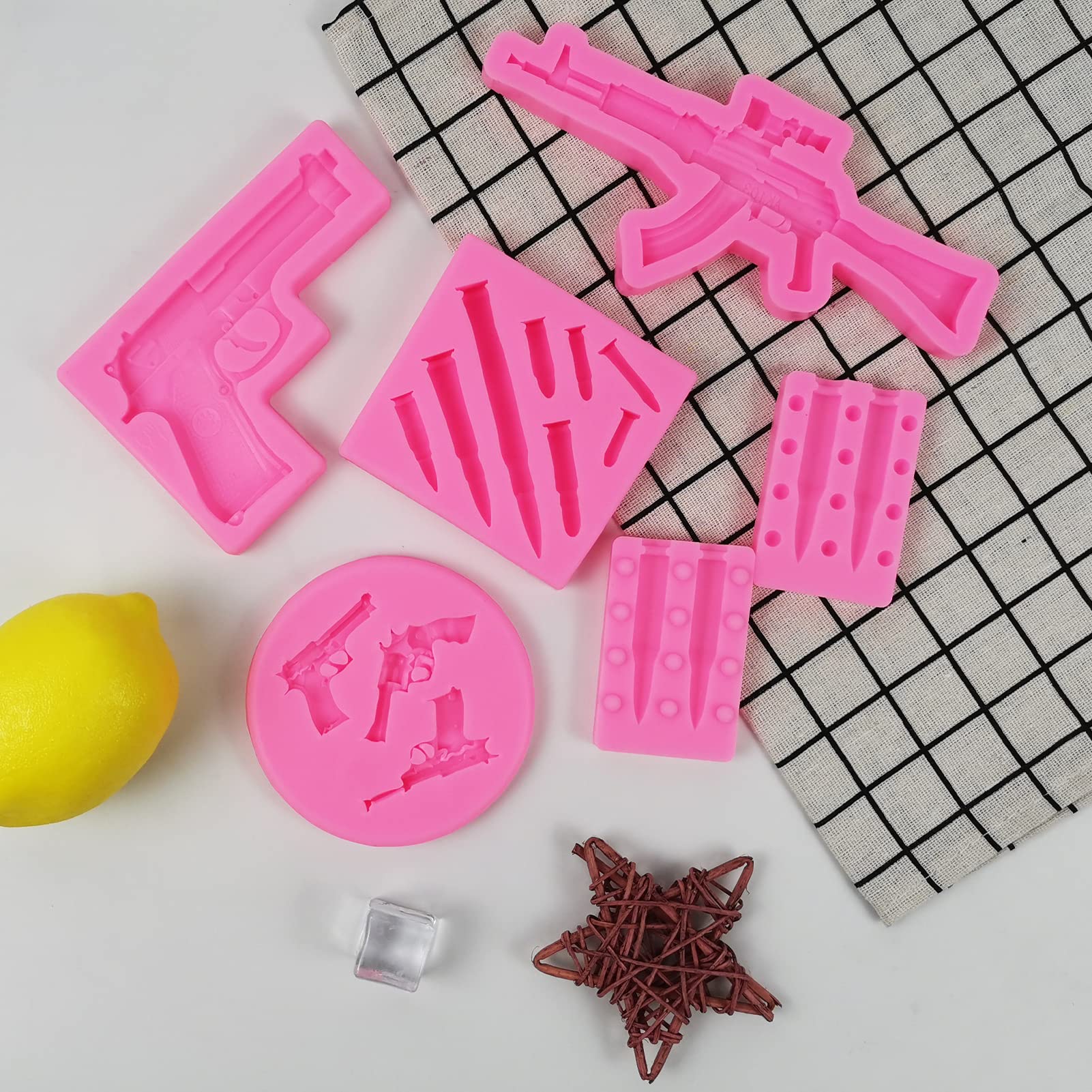 6-Piece Gun Bullet Silicone Molds Set for Cake Decorating, Candy, Chocolate, Cupcake Toppers - 3D Pistol & Machine Gun Fondant Molds for DIY Polymer Clay, Desserts, Crafts, Jewelry Making - Perfect for Birthday Parties, Halloween Decorations, and Baking Enthusiasts