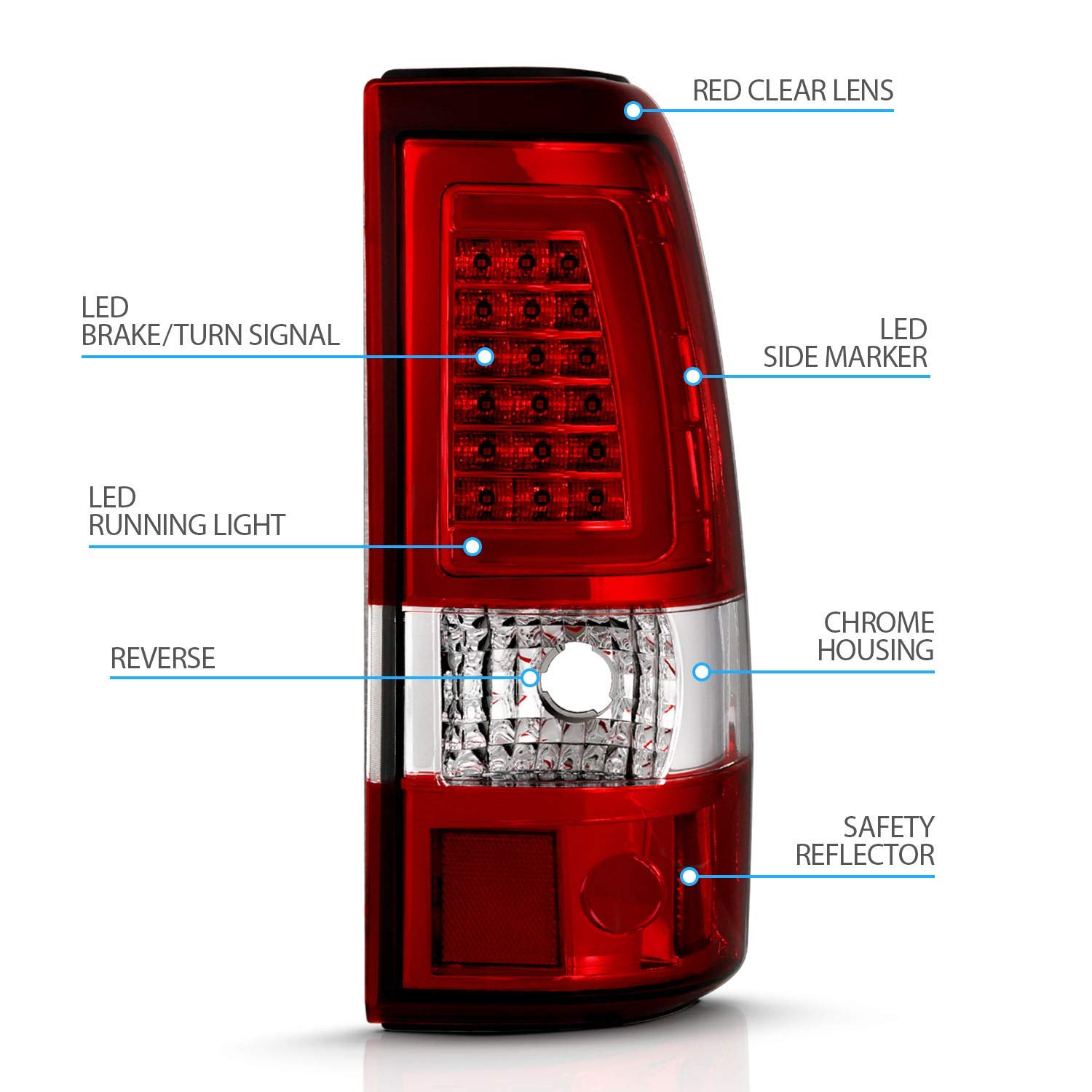 AmeriLite LED Tail Lights for 1999-2006 GMC Sierra & 1999-2002 Chevy Silverado - Ruby Red C-Type Replacement Brake Lamps (Pair) - Left & Right Side - Enhanced Night Visibility & Style Upgrade for Pickup Trucks