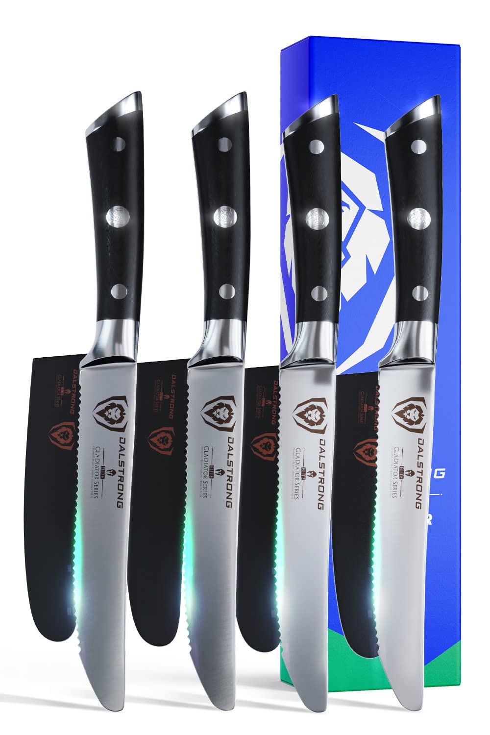 Dalstrong Gladiator Series Elite 4-Piece Steak Knives Set - Serrated German High-Carbon Steel Blades - Razor Sharp & NSF Certified - Perfect for Steak Dinners, BBQ Parties & Fine Dining Experiences