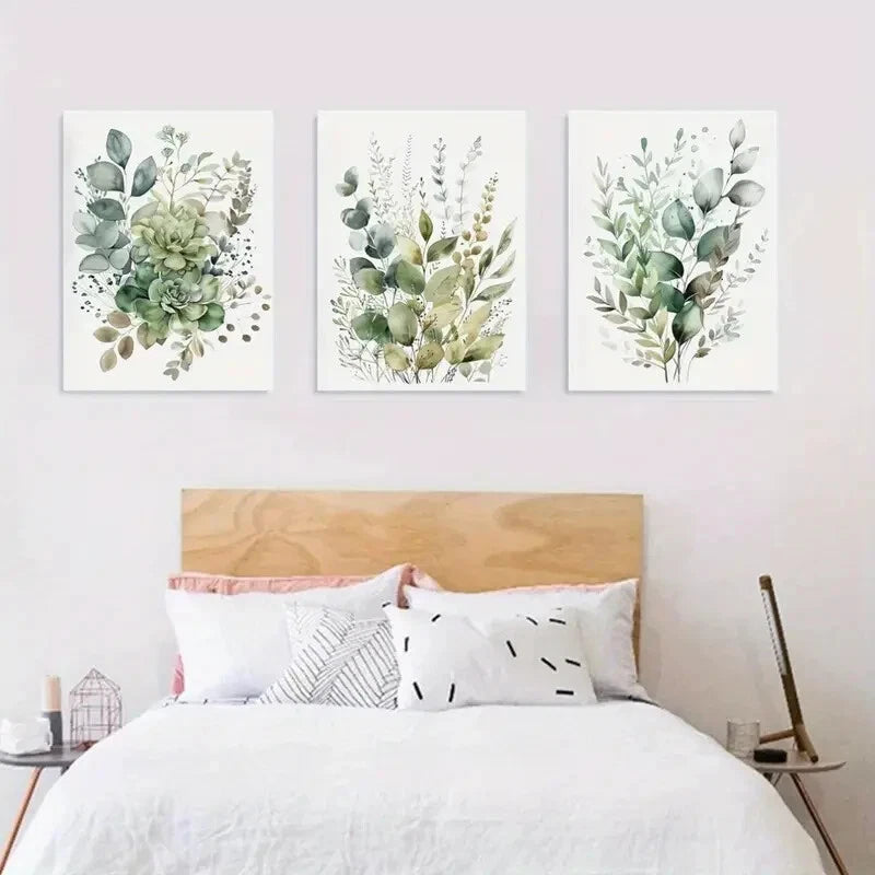3-Piece Sage Green & Beige Wildflowers Metal Wall Art - Bohemian Style Ready to Hang Prints for Living Room, Bedroom & Office Decor