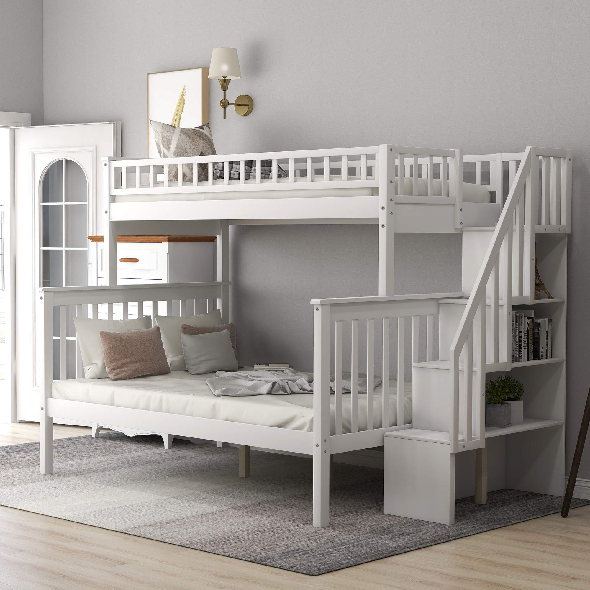 Twin Over Full Bunk Bed Frame for Kids - Solid Wood Bunk Beds with Storage Drawers, Safety Guard Rails & Staircase - White | Space-Saving Bedroom Solution for Siblings or Sleepovers