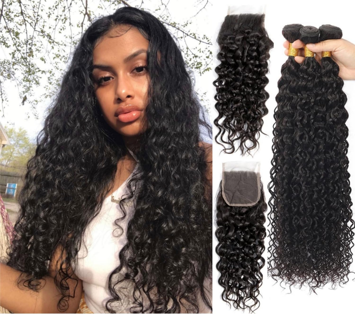 14 16 18+12 Inch Water Wave Human Hair Bundles with 4x4 Lace Closure - 100% Unprocessed Brazilian Virgin Hair - 3 Bundles Set for Natural Look - Perfect for Sew-in Weaves, Wig Making, and Everyday Styling