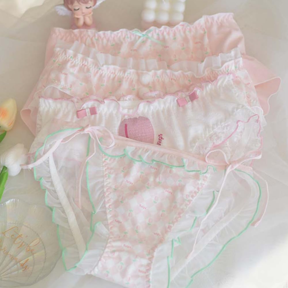 Cute Lolita Kawaii Japanese Women's Cotton Panties with Lace Ruffles - 2 Pack Soft Breathable Underwear for Daily Wear & Cosplay