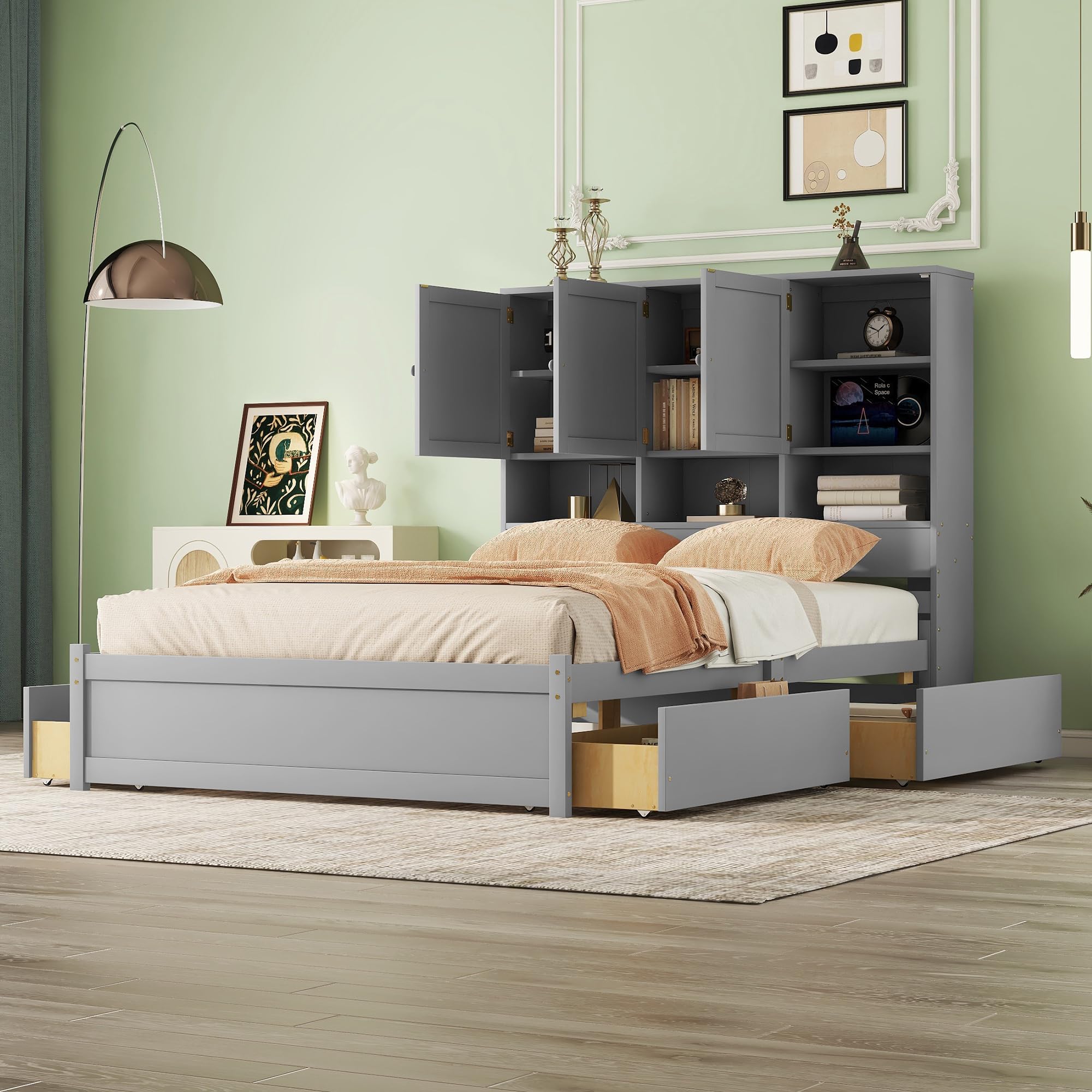 Harper & Bright Designs Queen Size Storage Bed Frame - Solid Wood Platform Bed with Bookcase Headboard & 4 Drawers - No Box Spring Needed - Perfect for Kids, Teens & Adults Bedroom - Modern Gray Furniture for Small Spaces & Dorm Rooms