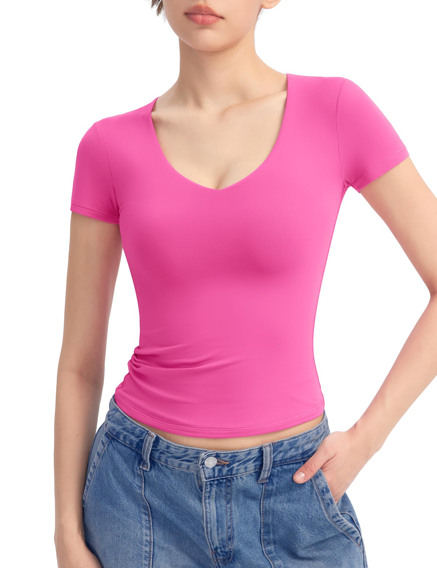 PUMIEY Women's Slim Fit V Neck Short Sleeve T-Shirt - Sexy Basic Tee for Casual Wear, Date Night & Summer Outfits | Sharp Collection