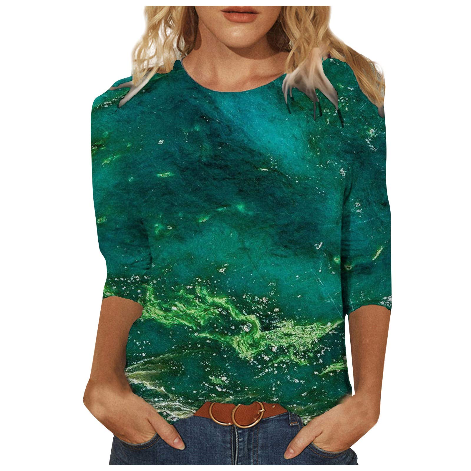 Women's Plus Size Summer Tops - Cute Printed O-Neck 3/4 Sleeve Casual Blouse Tee Shirt | Perfect for Beach Outings, Vacation Wear & Everyday Comfort