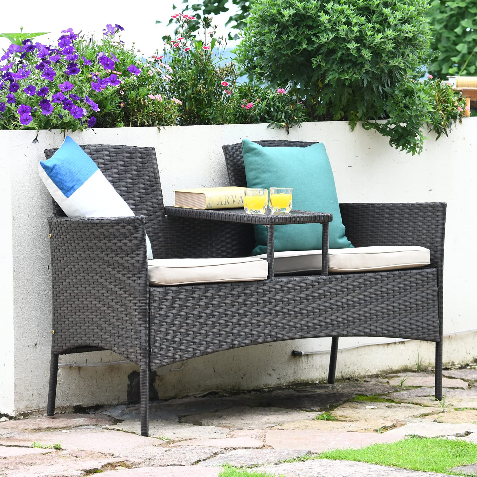 Tangkula Outdoor Rattan Loveseat Patio Set - Modern Wicker Sofa with Cushions & Built-in Coffee Table - Waterproof Garden Furniture for Backyard, Lawn, Poolside & Balcony - Perfect for Relaxing, Entertaining & Outdoor Conversations