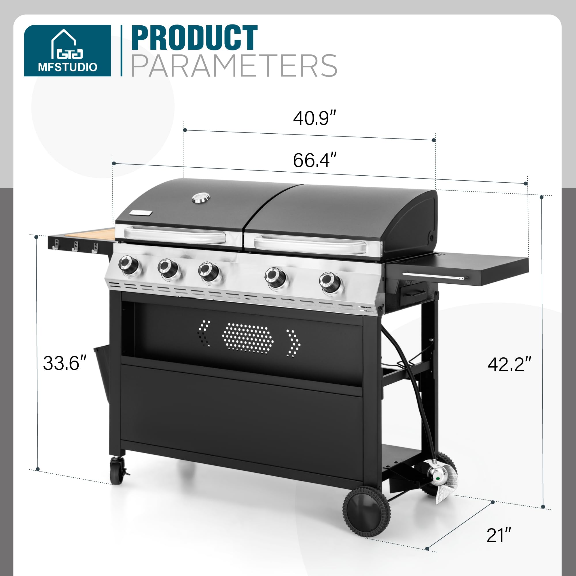 MFSTUDIO 696 SQIN Propane Gas Griddle and Grill Combo - Porcelain-Enameled Cast Iron Grate & Flat Top Griddle Pan for Outdoor BBQ, Camping, Tailgating, Backyard Cooking - Black