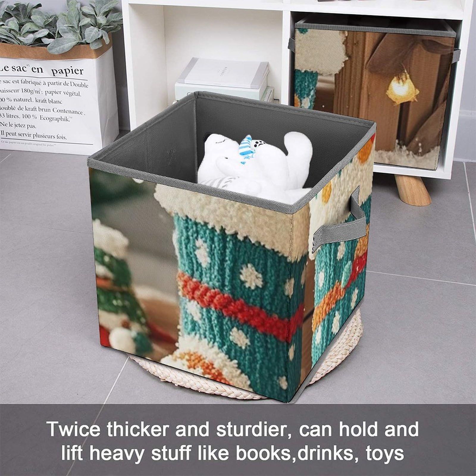 Christmas Themed Storage Bins - Large Capacity Collapsible Closet Organizer with Handles, 10.6x10.6x10.6 Inch Fabric Storage Cubes for Holiday Decor, Home & Office Organization