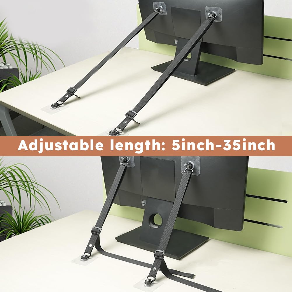 2 Pack No-Drill TV Safety Straps - Heavy Duty Anti-Tip Furniture Anchors for Flat Screens, Wall Mounting, Cabinets & Desks - Adjustable Adhesive TV Wall Mount (Black) - Perfect for Childproofing & Earthquake Safety in Living Rooms, Bedrooms & Offices