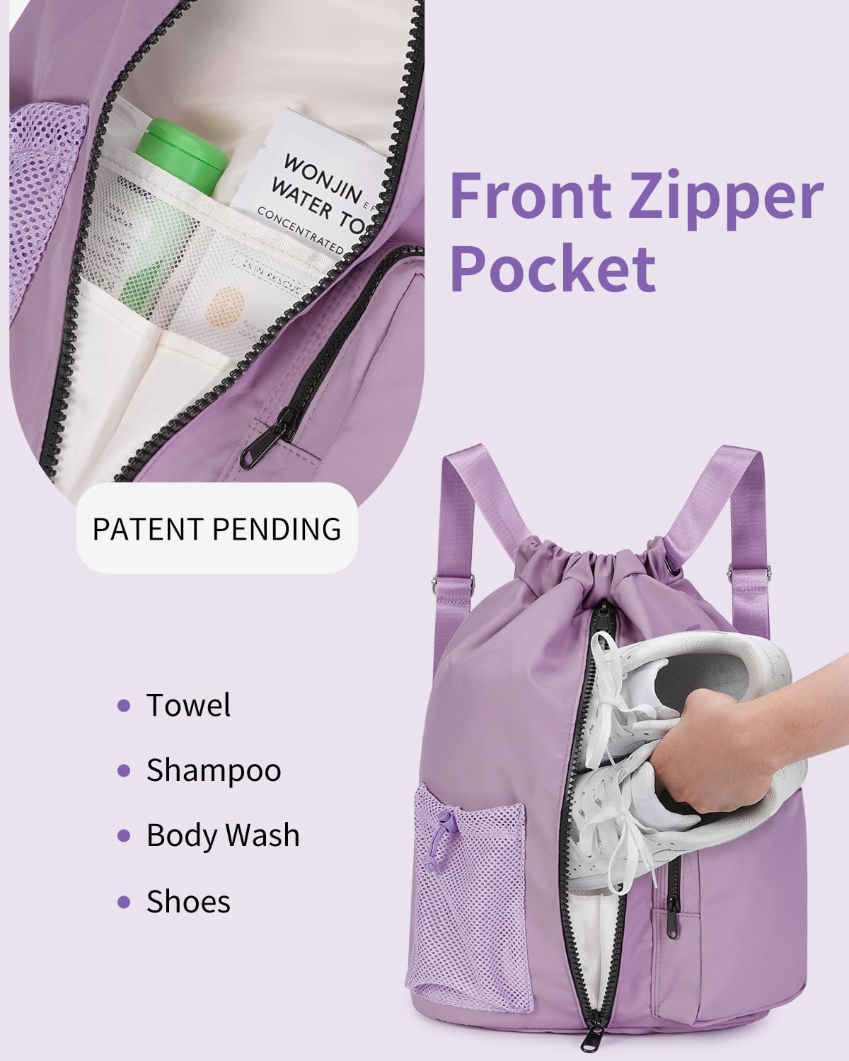 Waterproof Drawstring Backpack with Shoe Compartment - Gym & Beach Bag for Women & Men (Lilac) - Perfect for Sports & Swimming
