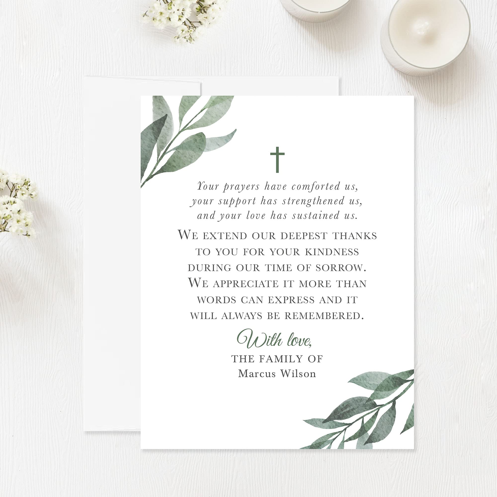 Personalized Greenery Funeral Thank You Cards with Cross - Sympathy Acknowledgement Cards with Envelopes (4.25x5.5 Inch Flat Notecards) - Perfect for Memorial Services, Bereavement Gifts & Condolence Notes