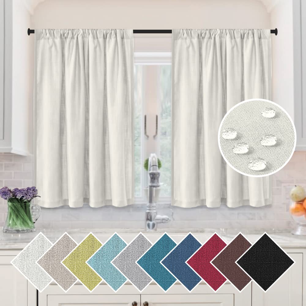 H.VERSAILTEX 36 Inch Linen Kitchen Curtains Set of 2 Panels - Waterproof Window Treatment for Bathroom, Energy Saving & Privacy Shade for Bedroom (Ivory) - Perfect for Farmhouse, Apartment & Dorm Decor