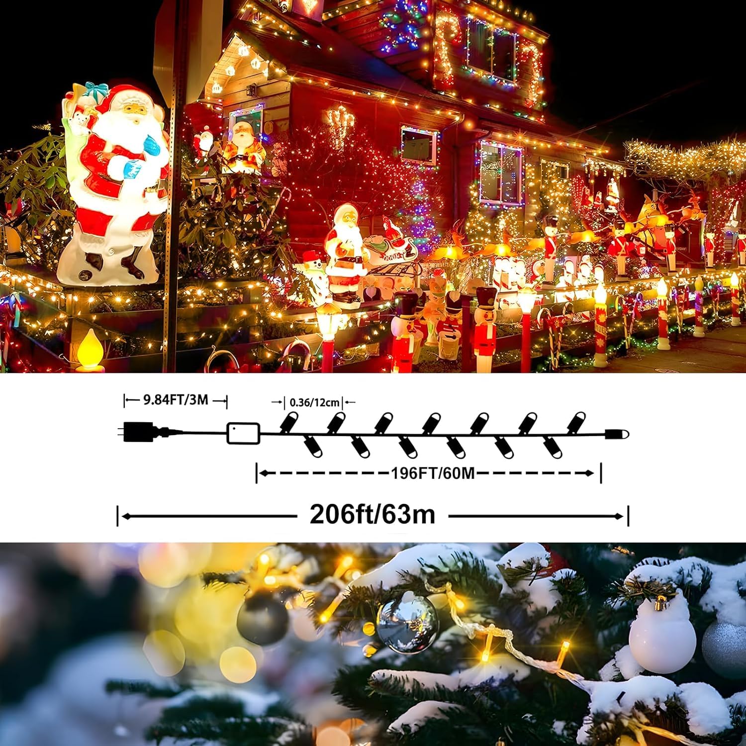 XURISEN 200FT Christmas Lights Outdoor Indoor, 500 LED Super Long String Lights with 8 Lighting Modes & Memory Timer, Plug in Twinkle Fairy Lights for Home, Xmas, Party, Wedding, Garden, Patio, Tree Decor