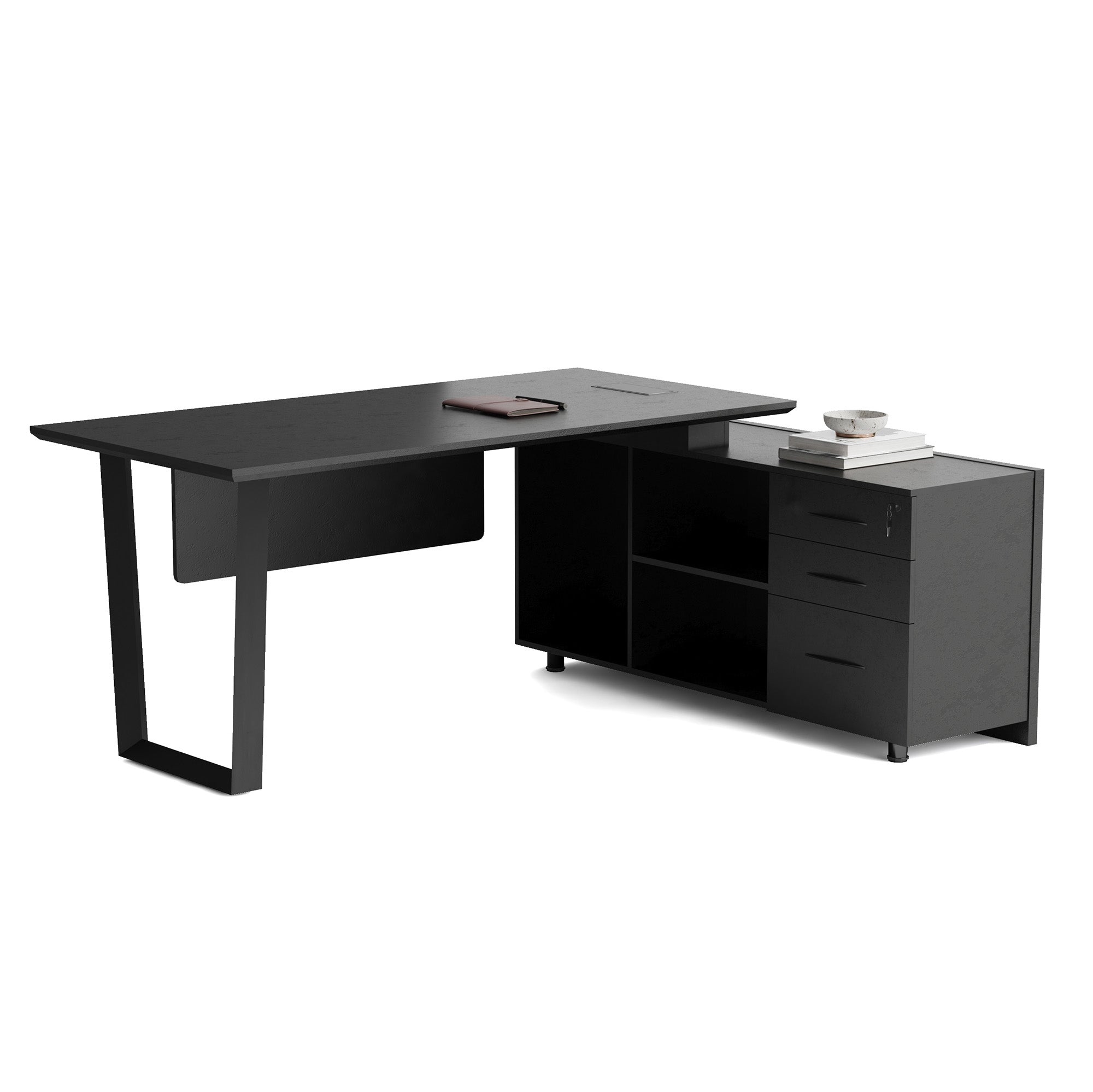 ADRIANO Black Executive Office Desk - Reversible 165-180cm, Black Concrete Finish - Perfect for Home Office, Conference Room & Modern Workspace