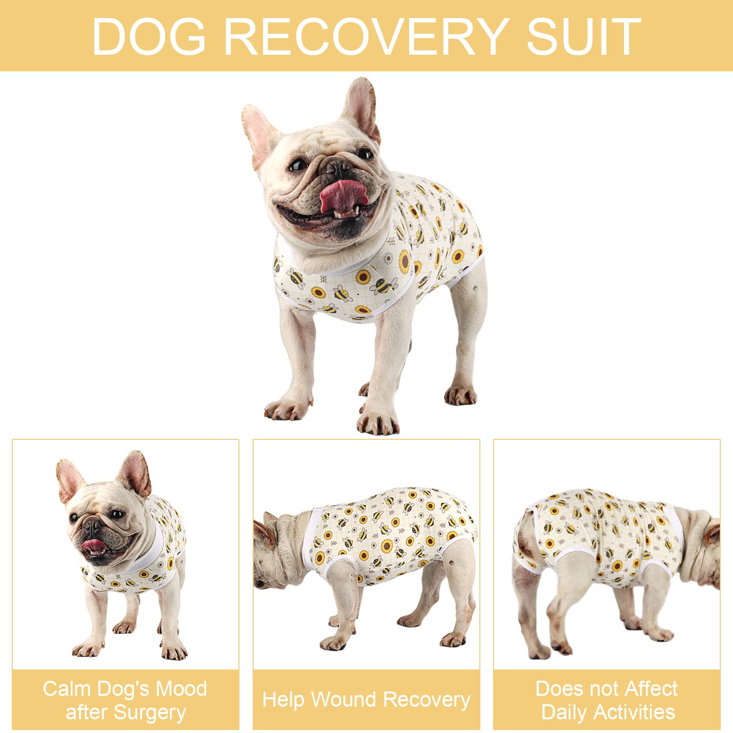 Female Dog Spay Recovery Suit - Post-Surgery Onesie for Small & Medium Dogs - Soft & Breathable Surgical Healing Garment - Perfect for Neutering, C-Section & Wound Protection (Bee/Large) - Keep Your Pet Comfortable During Recovery