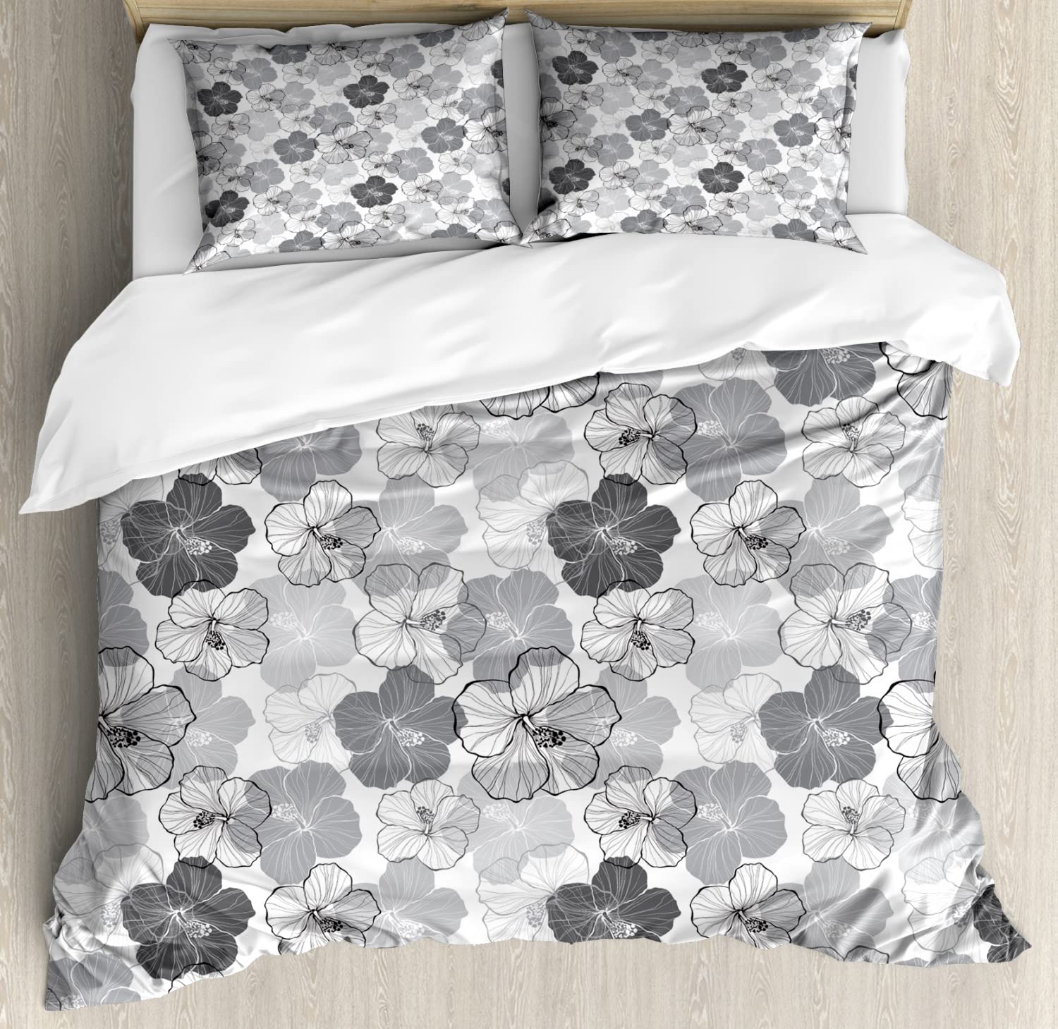 Ambesonne Floral Duvet Cover Set - King Size 2-Pack with Hibiscus Flower Silhouette Design, Includes 2 Duvet Covers & 4 Pillowcases in Purple-Blue Pale Taupe | Perfect for Master Bedroom, Guest Room, and Bohemian Home Decor