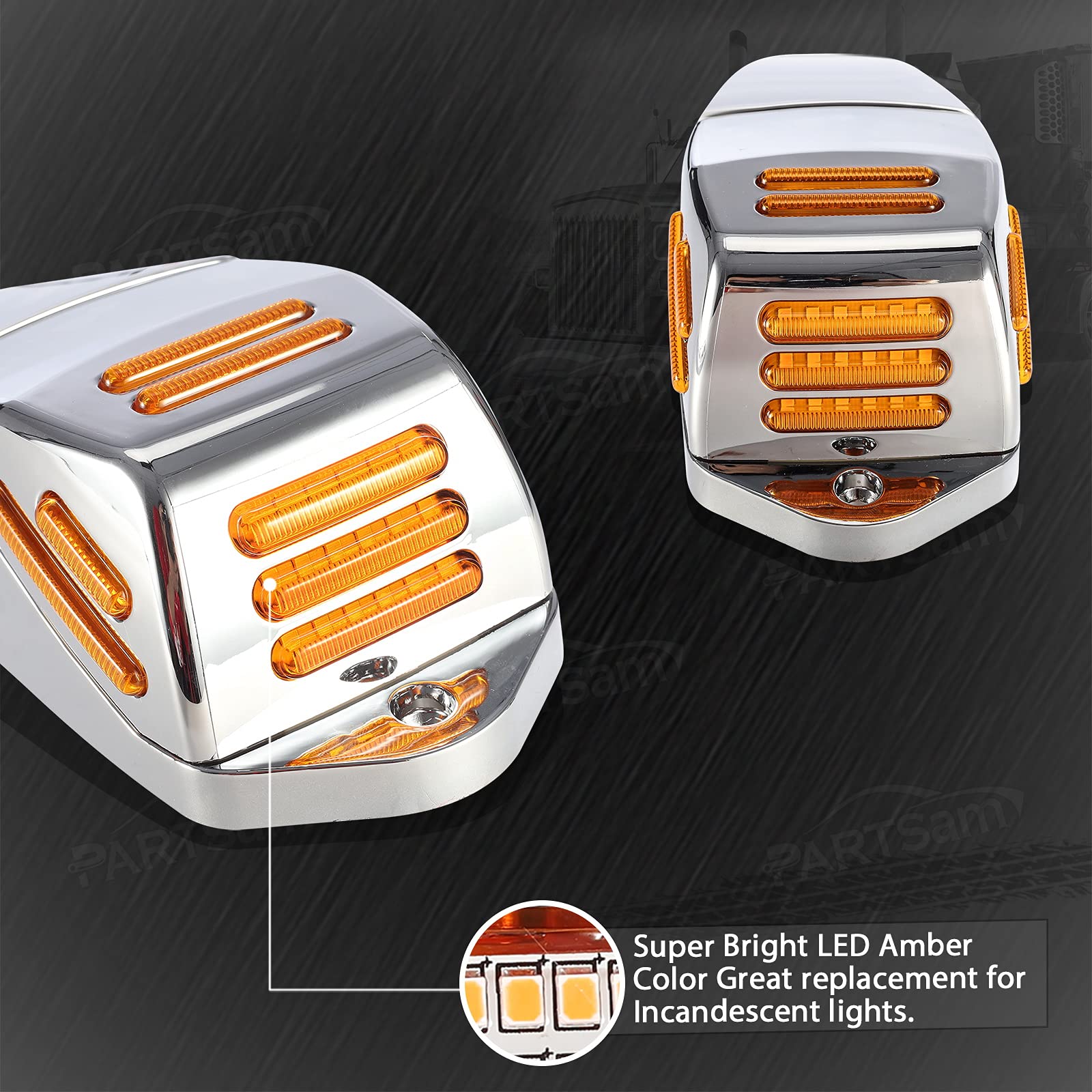 Partsam 5Pcs Amber LED Square Cab Marker Lights - 48 LED Flat Line Replacement for Kenworth, Peterbilt & Freightliner Trucks - Durable Chrome Plastic Housing - Perfect for Night Driving & Enhanced Vehicle Visibility