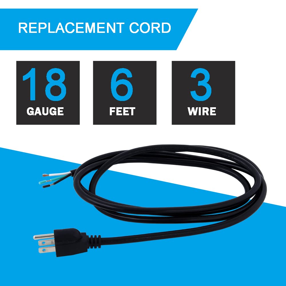 Heavy Duty 6ft 3 Prong Power Cord Pigtail - 18AWG SJT Replacement Cable with NEMA 5-15P Male Plug (10A, 1250W at 125VAC) for Garbage Disposal, Dishwasher & Appliance Wiring - Open End Design for Easy Installation