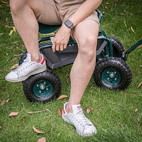 KINTNESS Heavy Duty Garden Cart Wagon with Swivel Seat, Extendable Handle & Utility Basket - Foldable Outdoor Utility Cart for Gardening, Yard Work, Camping, Picnics (Green)