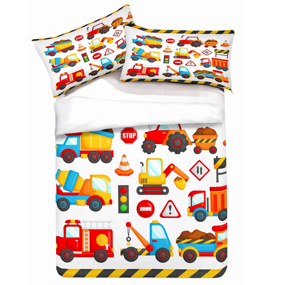 EsyDream Boys Construction Theme Duvet Cover Set - Trucks, Tractors, Diggers & Road Signs Bedding for Kids (King Size, No Comforter Included) - Perfect for Kids' Bedrooms, Birthday Gifts & Construction-Themed Decor