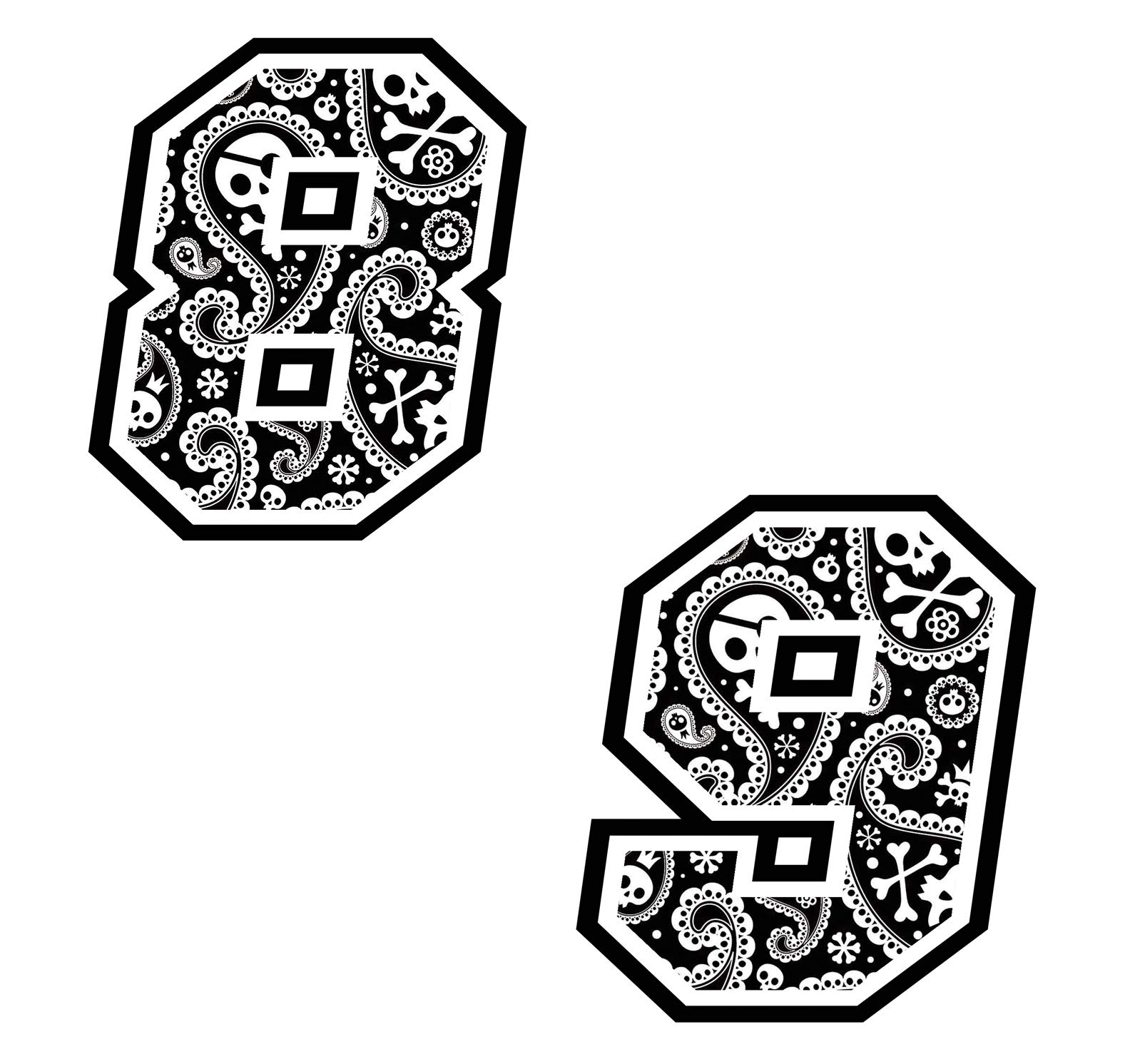 Motorcycle Race Number Stickers 8-14cm - Skull, Henna Flowers, Black & White Smile Designs - Durable Vinyl Decals for Motocross, Track, Auto, Bike | Perfect for Helmets, Bikes & Racing Gear