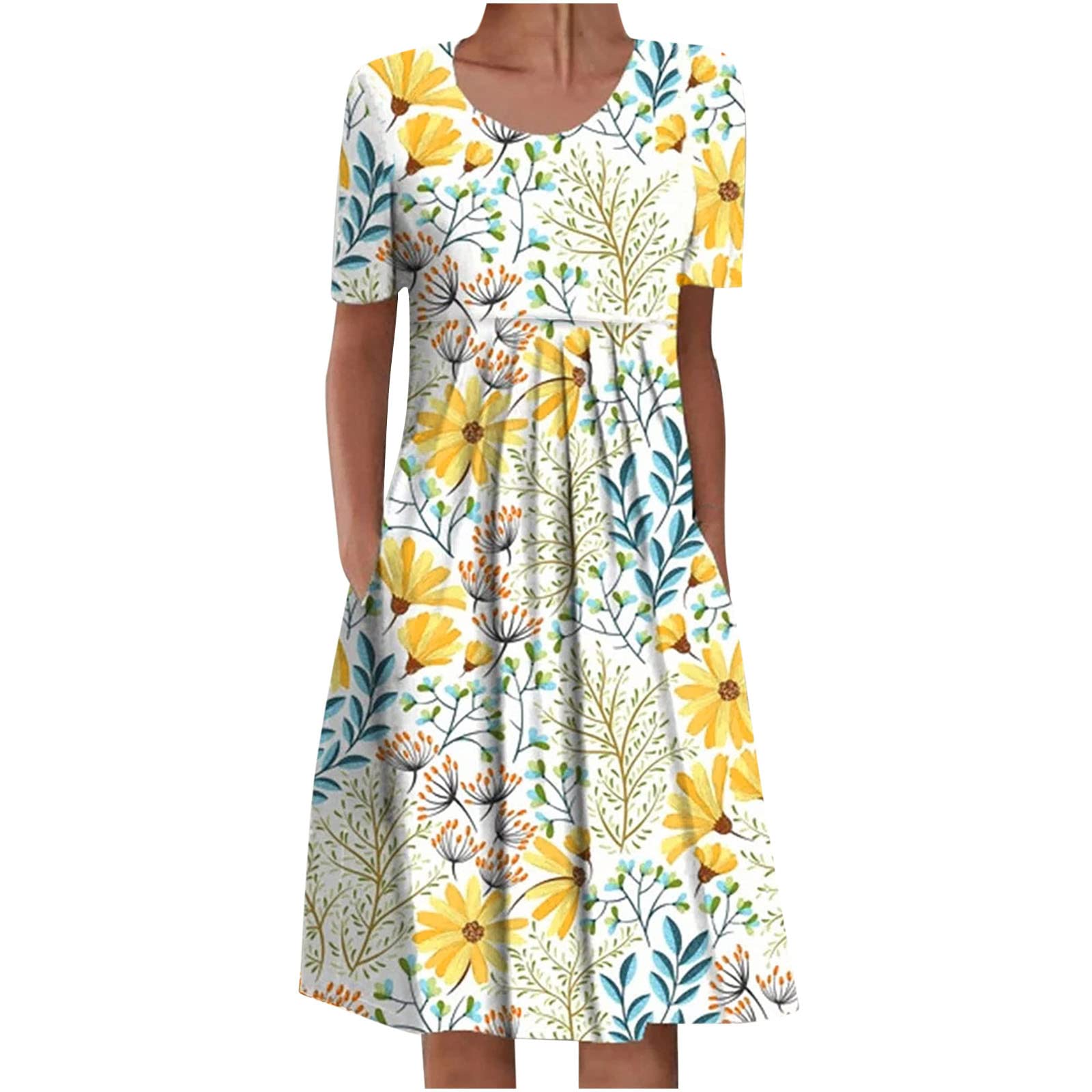 HUERTOP Women's Summer Casual Floral Print Round Neck Short Sleeve Dress - Perfect for Beach Vacations, Garden Parties & Everyday Wear