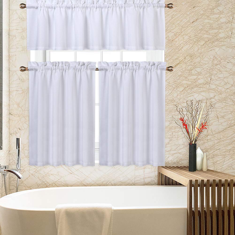 CAROMIO 36 Inch Waffle Woven Textured Cafe Curtains - Short Tier Kitchen Window Treatments for Bathroom & Cafe Decor, White - Perfect for Farmhouse Style Homes & Cozy Coffee Shops
