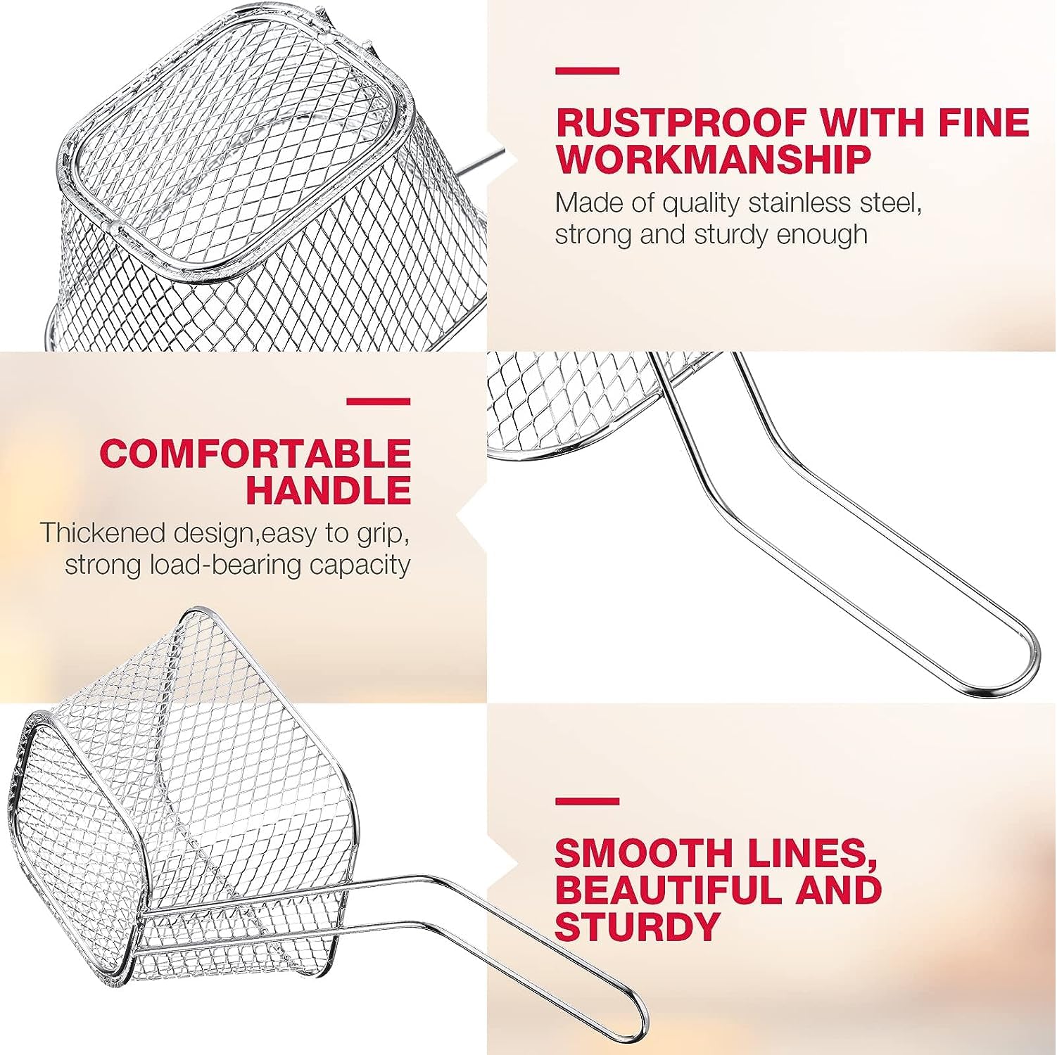 Stainless Steel Deep Fry Basket with Handles - Reusable French Fry Holder, Potato Chip Strainer & Cooking Tool for Kitchen (Silver, 1-Pack) - Perfect for Frying, Draining & Serving French Fries, Onion Rings & More