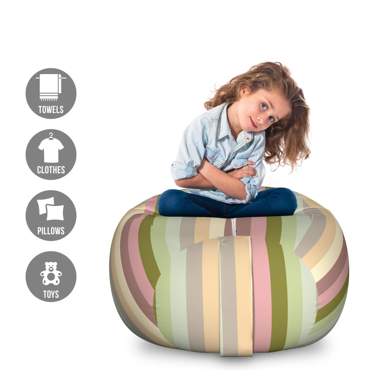 Ambesonne Striped Toy Storage Bag Chair - Large Washable Stuffed Animal Organizer with Colorful Pastel Vertical Stripes Abstract Design | Perfect for Kids' Room, Playroom & Nursery Organization