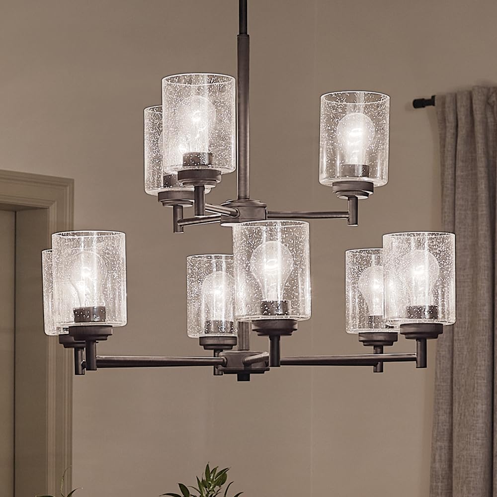Kichler Winslow 27-Inch 9-Light 2-Tier Black Chandelier with Clear Seeded Glass - Elegant Dining Room Lighting Fixture for Over Dining Table (27