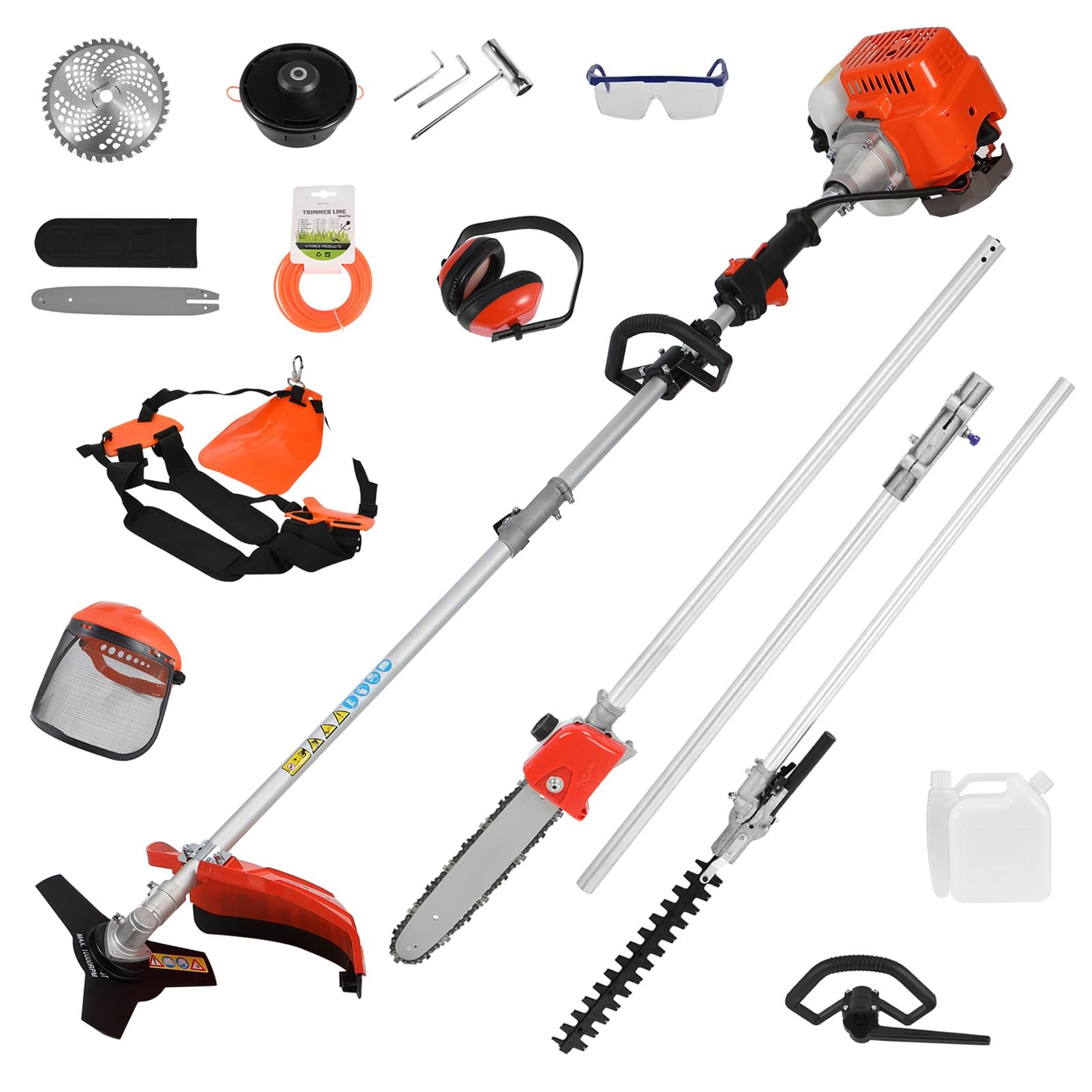 5 in 1 52cc Gas Weed Eater Trimmer & Lawn Mower - 2-Stroke Brush Cutter, Cordless Hedge Trimmer, Handheld Chainsaw & Pole Saw (Orange) - Perfect for Yard Maintenance, Landscaping & Gardening