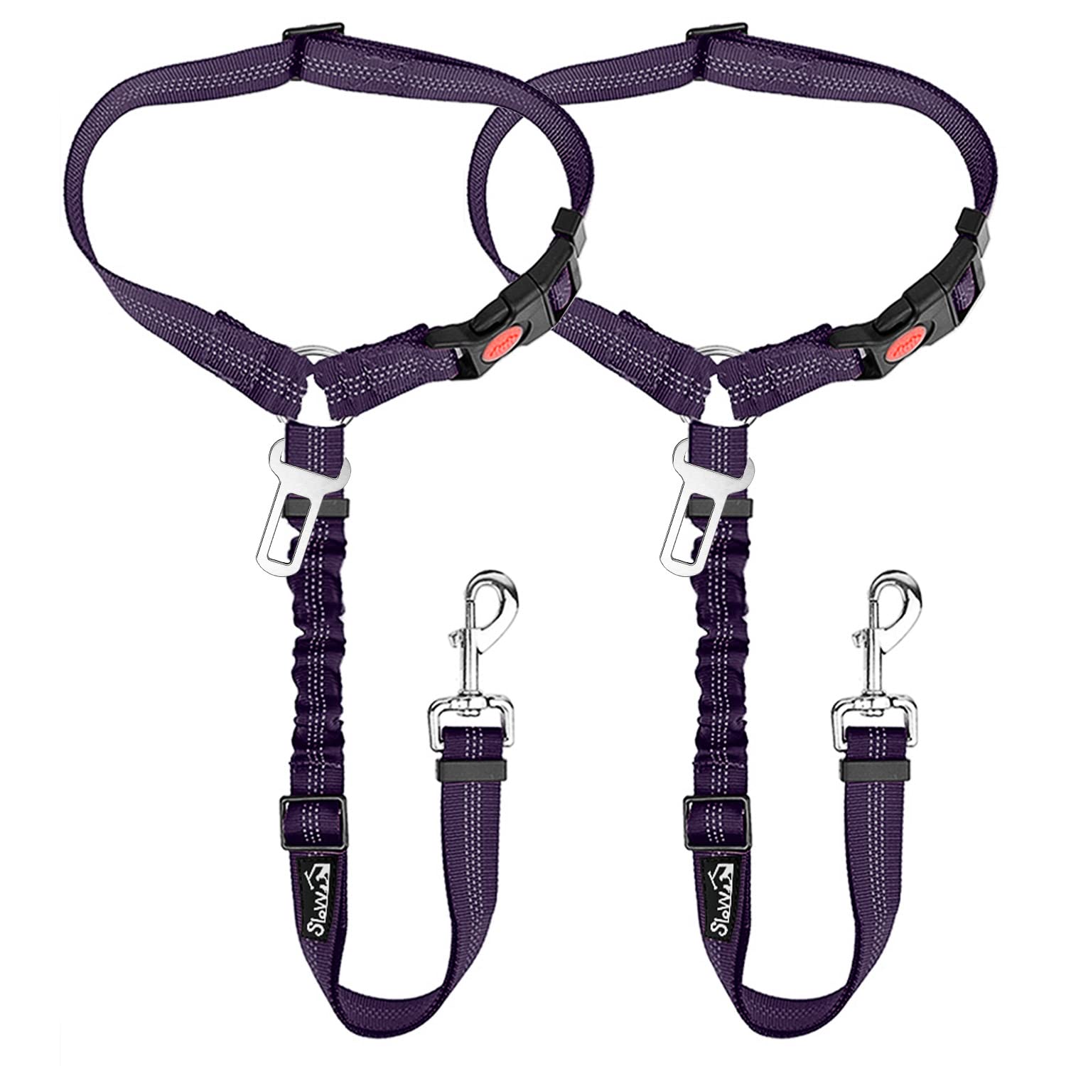 SlowTon 2-Pack Adjustable Dog Seat Belt for Car - Reflective Pet Safety Harness with Elastic Bungee Buffer, 2-in-1 Headrest Restraint & Clip Leash (Purple) - Secure Your Dog During Road Trips & Daily Commutes