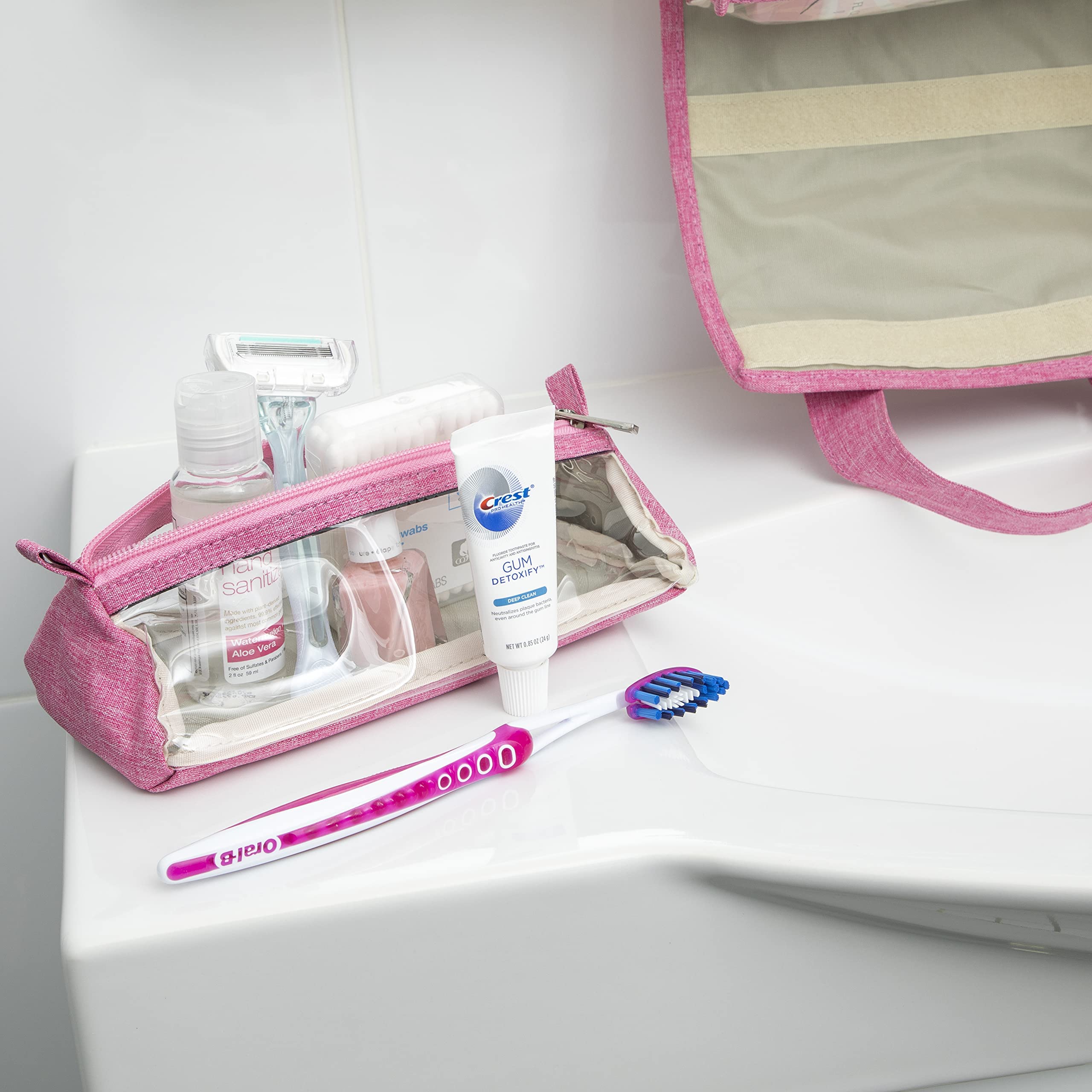 4-in-1 Hanging Toiletry Bag with Detachable PVC Pouches | Roll-Up Makeup Organizer for Travel | 600D Oxford Fabric Cosmetic Bag (Pink) - Perfect for Makeup, Skincare & Travel Essentials Organization