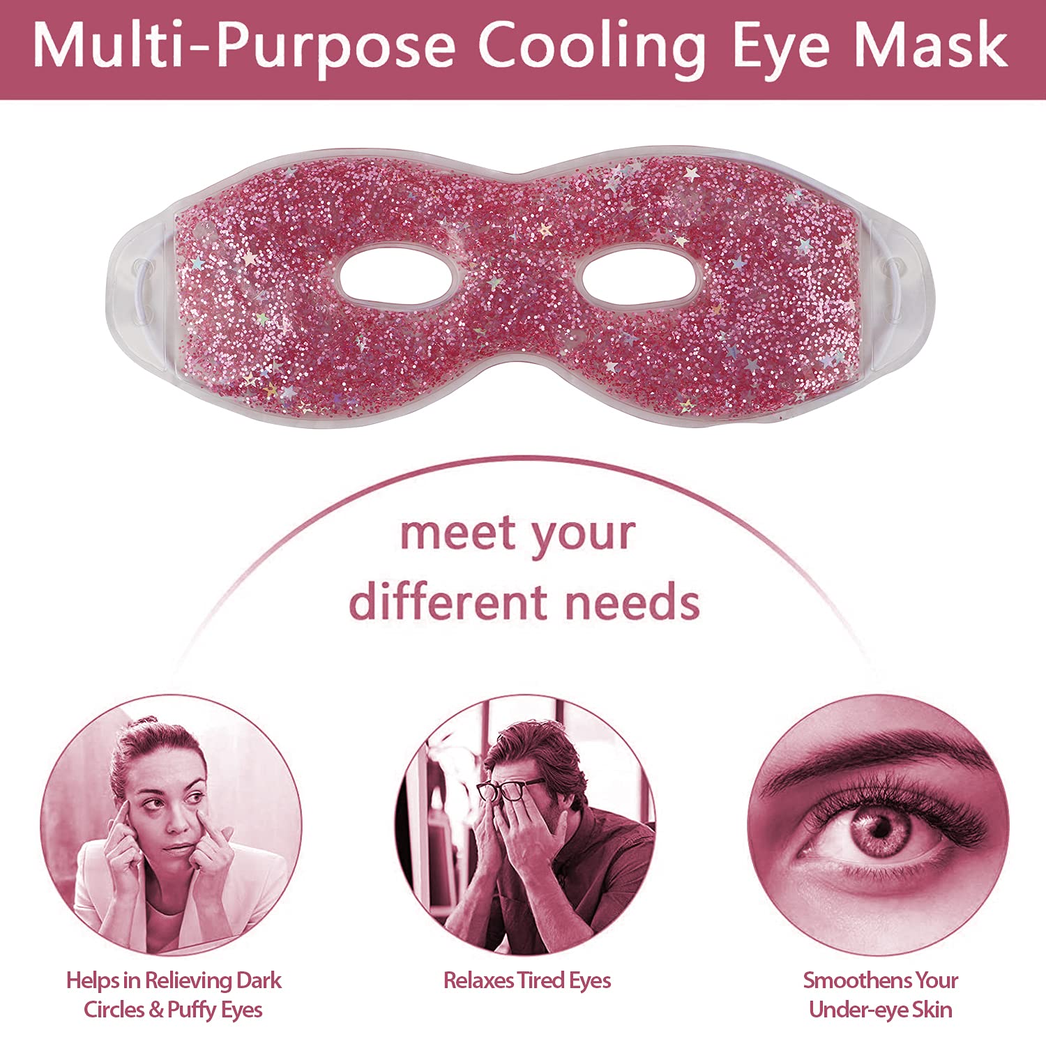 Zureni Cooling Gel Eye Mask for Dark Circles, Puffy Eyes & Redness Relief - Reusable Cold Compress Under Eye Patches for Women & Men (Pink) - Perfect for Sleep, Travel & Post-Surgery Recovery