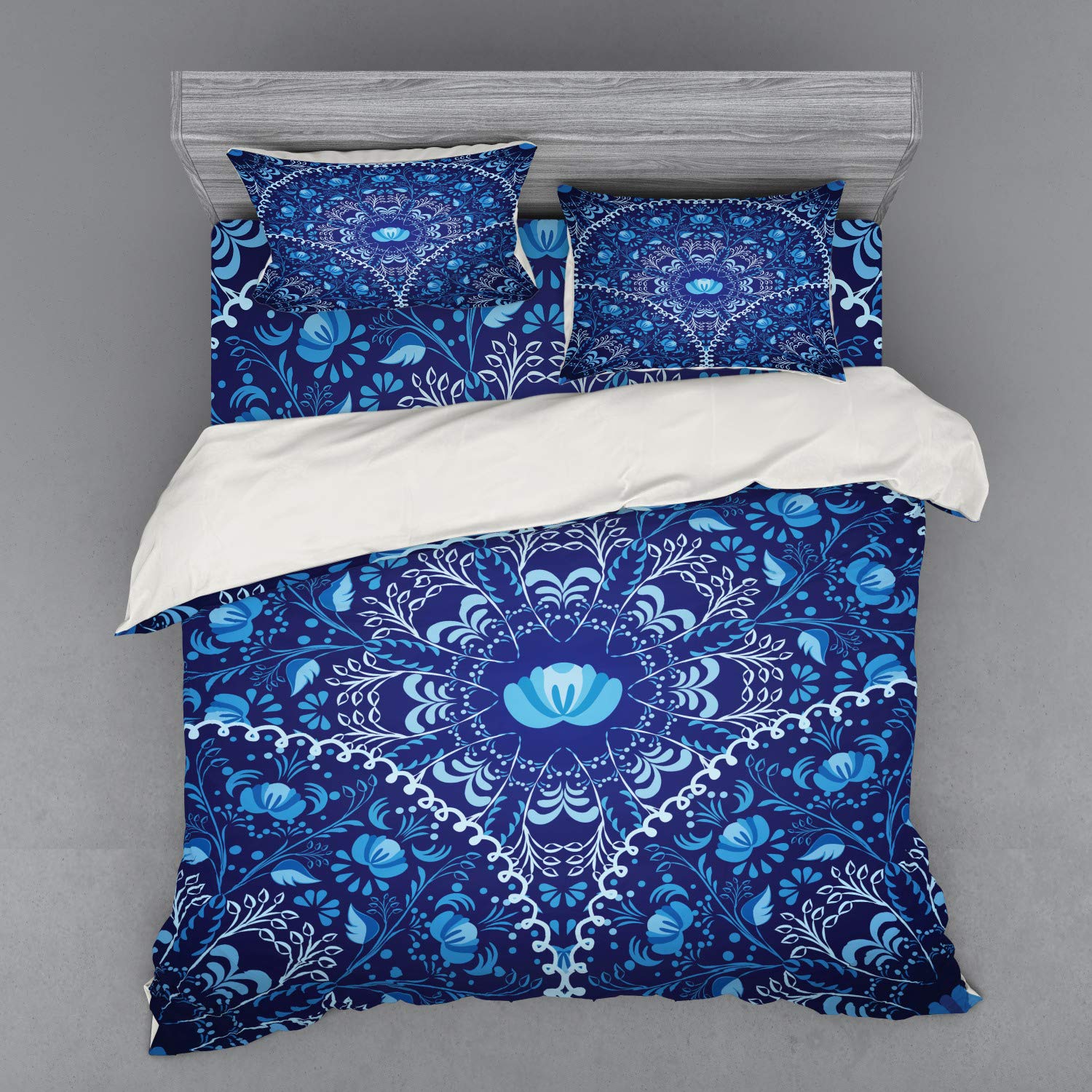 Ambesonne Navy Blue Duvet Cover Set - King Size 4-Piece Bedding with Floral Oriental Pattern, Includes Shams & Fitted Sheet (Navy Blue/White/Blue) - Perfect for Master Bedroom, Guest Room & Bohemian Home Decor