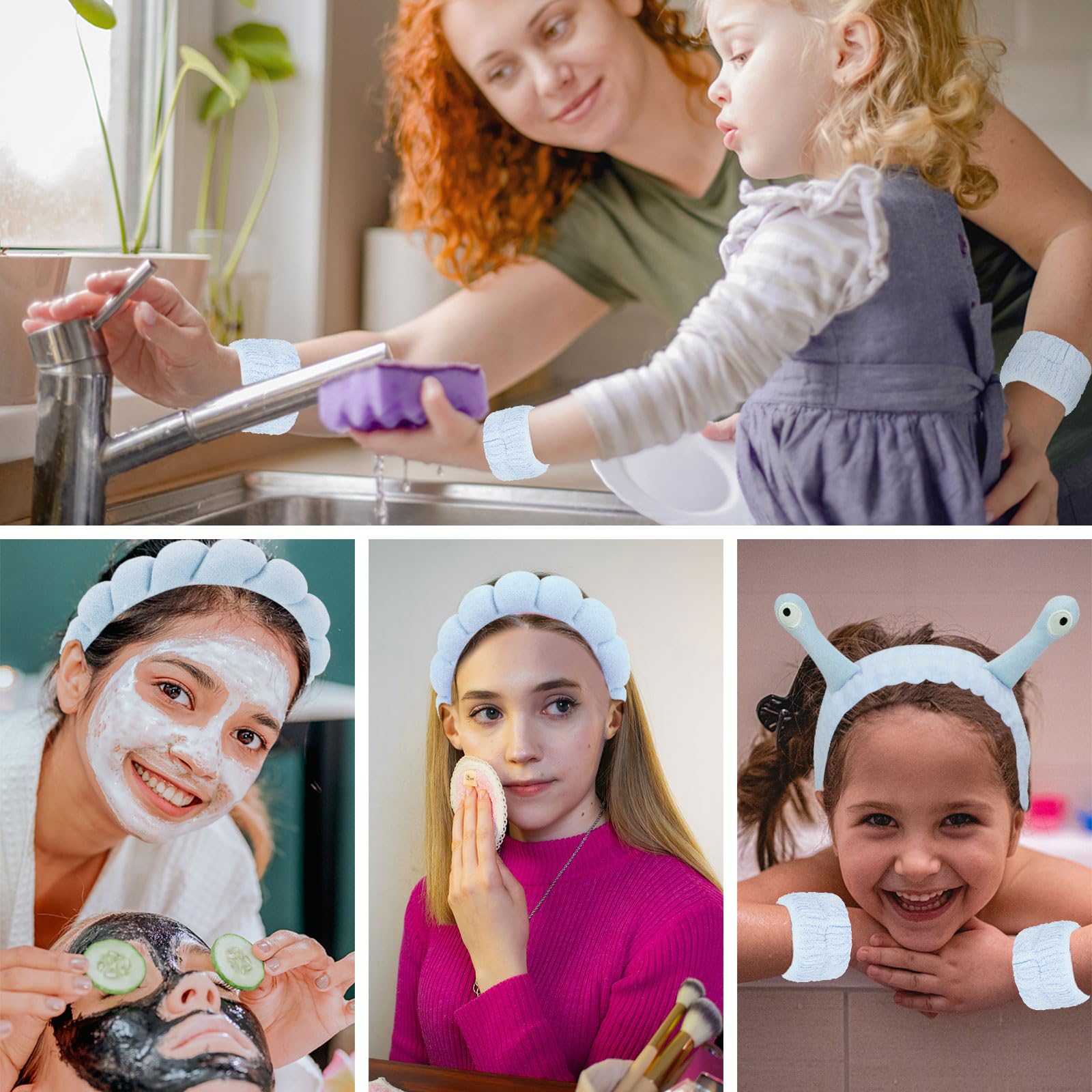 6Pcs Blue Spa Headbands & Wristbands Set - Soft Terry Cloth Face Wash Headband & Makeup Headband for Women, Gentle Skincare Hair Bands & Wrist Towels - Perfect for Facial Cleansing, Spa Days & At-Home Beauty Routines