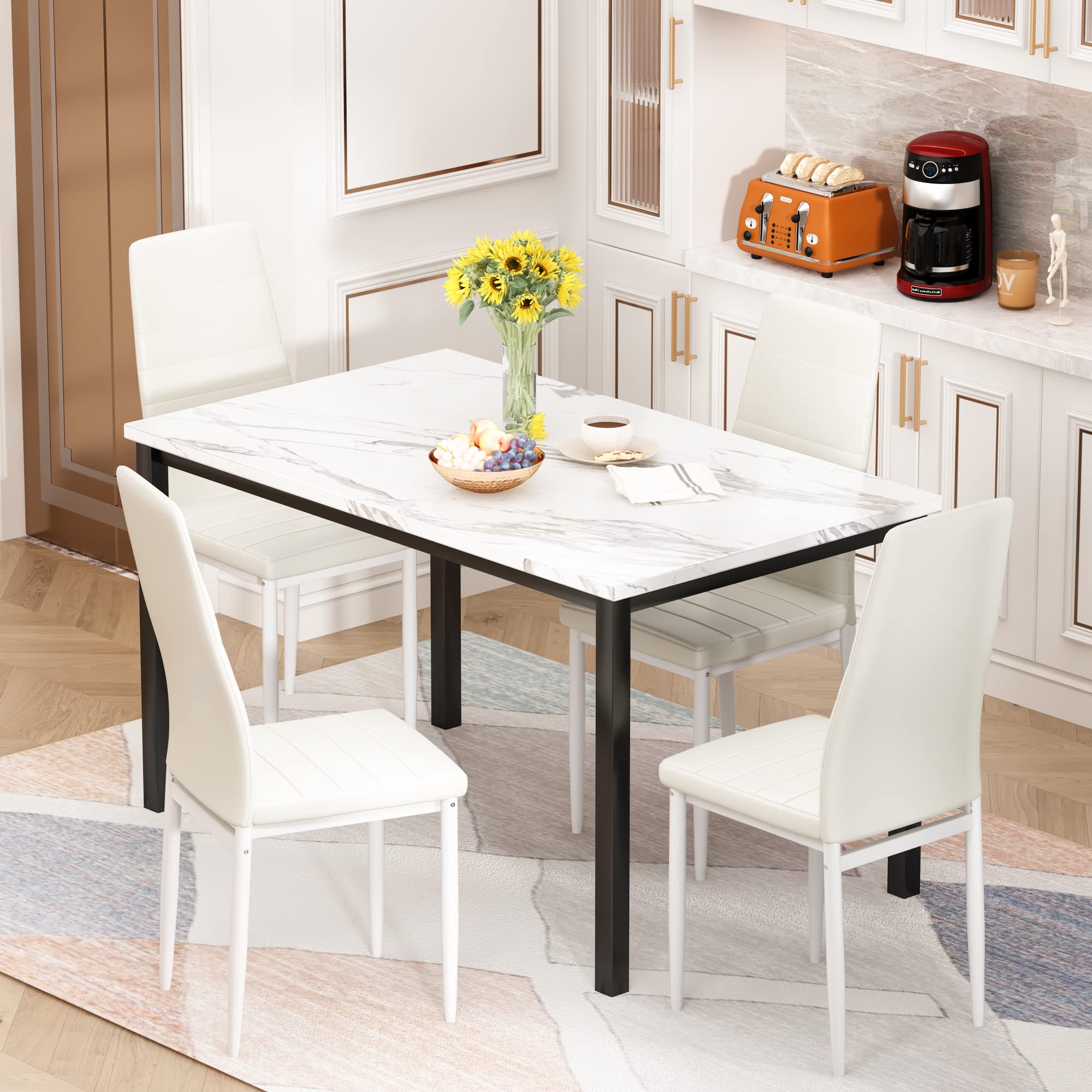 AWQM 5-Piece Dining Table Set for 4 - White Faux Marble Table with 4 PU Leather Chairs - Perfect for Small Spaces, Kitchen, Breakfast Nook & Dining Room - Compact Modern Kitchen Table Set for Apartments & Cozy Homes