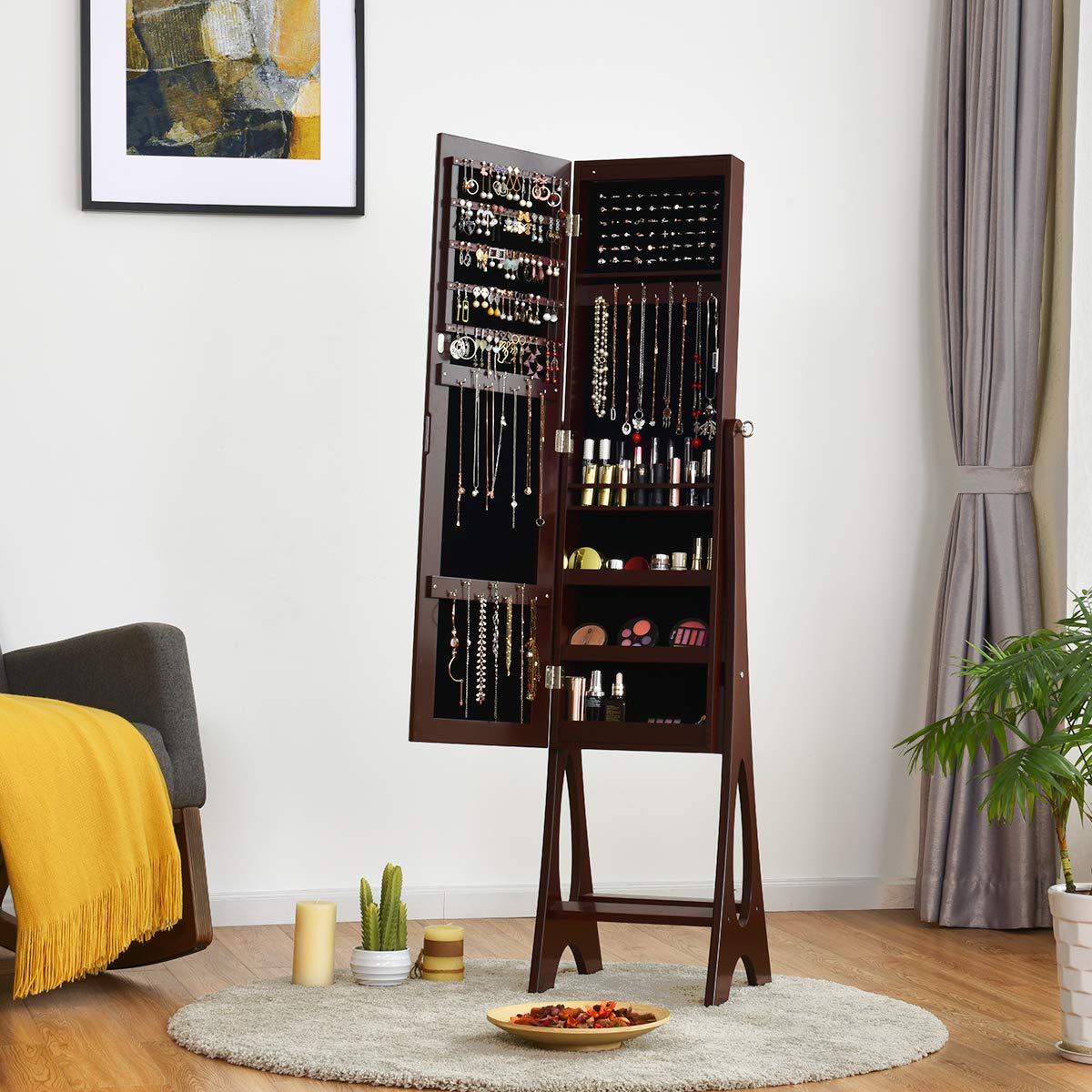 Giantex 12 LED Jewelry Armoire Cabinet with Frameless Full-Length Mirror - Standing Jewelry Organizer with 16 Lipstick Holders & Large Storage - 3 Angle Adjustable Brown Jewelry Cabinet for Bedroom, Dressing Room & Closet Organization