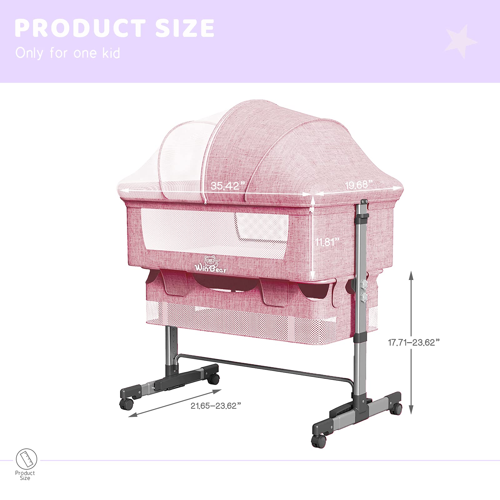 Napfox Portable Baby Bassinet - Adjustable Bedside Sleeper with Mosquito Net, Storage Bag & Lockable Wheels | Foldable Infant Bed for Newborns | Nursery, Travel & Co-Sleeping Solution (Pink)