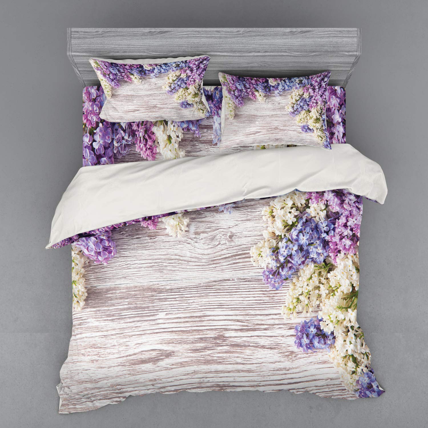 Ambesonne Rustic Duvet Cover Set - King Size 4 Piece Bedding with Shams & Fitted Sheet, Lilac Floral Bouquet on Wood Table Design for Spring & Romantic Bedrooms (Lilac/Violet/Dark Taupe) - Perfect for Master Bedrooms, Guest Rooms & Cozy Farmhouse Decor