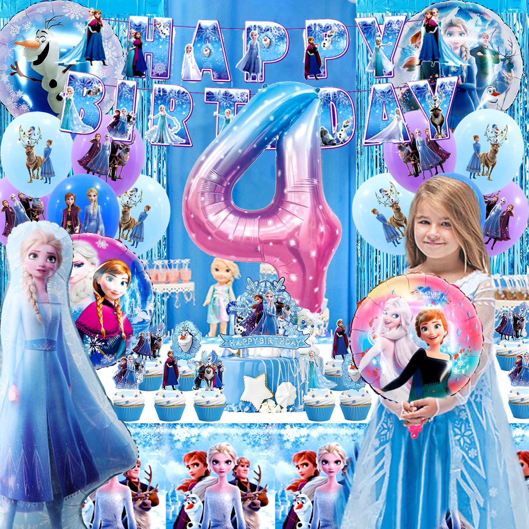 Frozen Birthday Balloon Kit for Girls - 4th Birthday Party Decorations with 3D Aluminum Balloons, Cake Toppers & Elsa Themed Supplies | Perfect for Frozen Themed Parties, Princess Celebrations & Disney-Inspired Decor